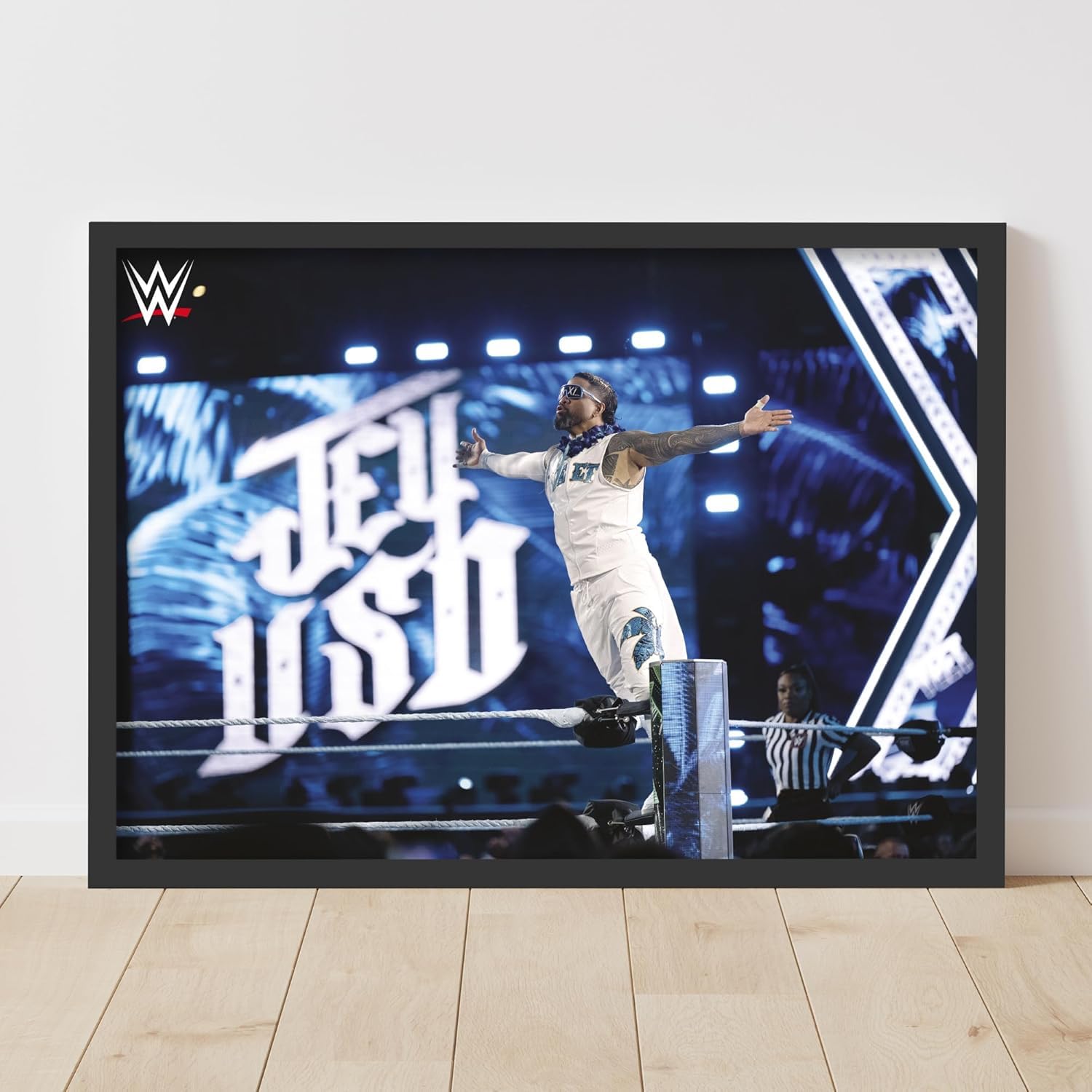 Themed Black Wwe Print - Jey Uso On Ring Ropes Wrestlemania Poster Wrestling Wall Art (29.7Cm X 42Cm - A3)
