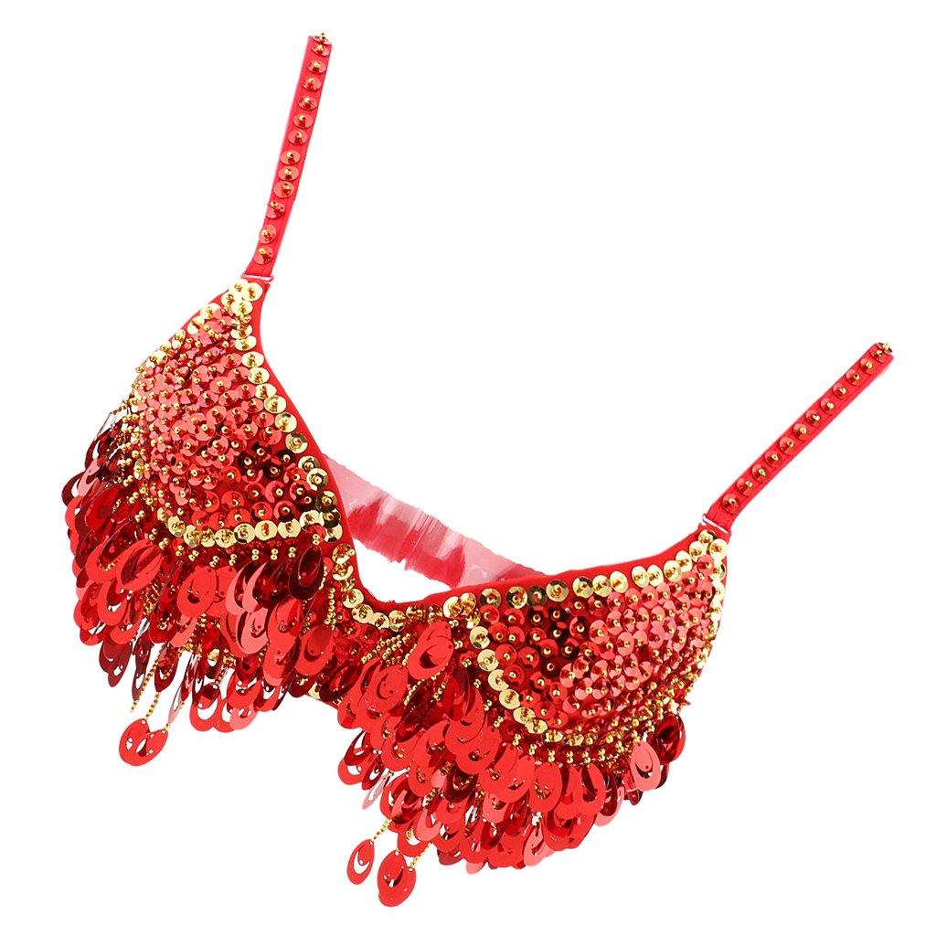 Women's Red Belly Dance Beaded Bra Sequins Top Sexy Dancing Singer Costume Tassels