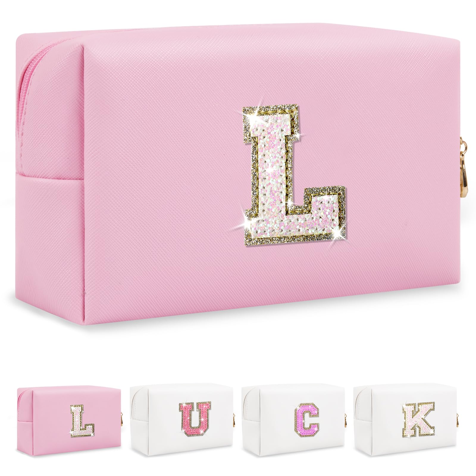 Initial Letter Patch Makeup Bag Small Preppy A-Z Glitter Letter Cosmetic Bag PU Leather Waterproof Travel Toiletry Bag