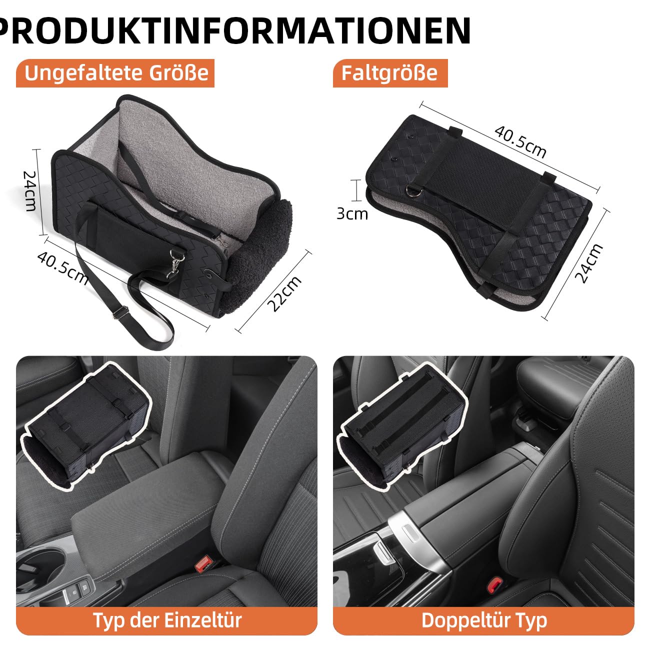 GGW Mittelkonsole Hundesitz für kleine Katzen, wasserdicht, Leder-Schwarz | Doppelte Befestigung, Seitentaschen & Schnellmontage. Passt zu 99% der Mittelarmlehnen.