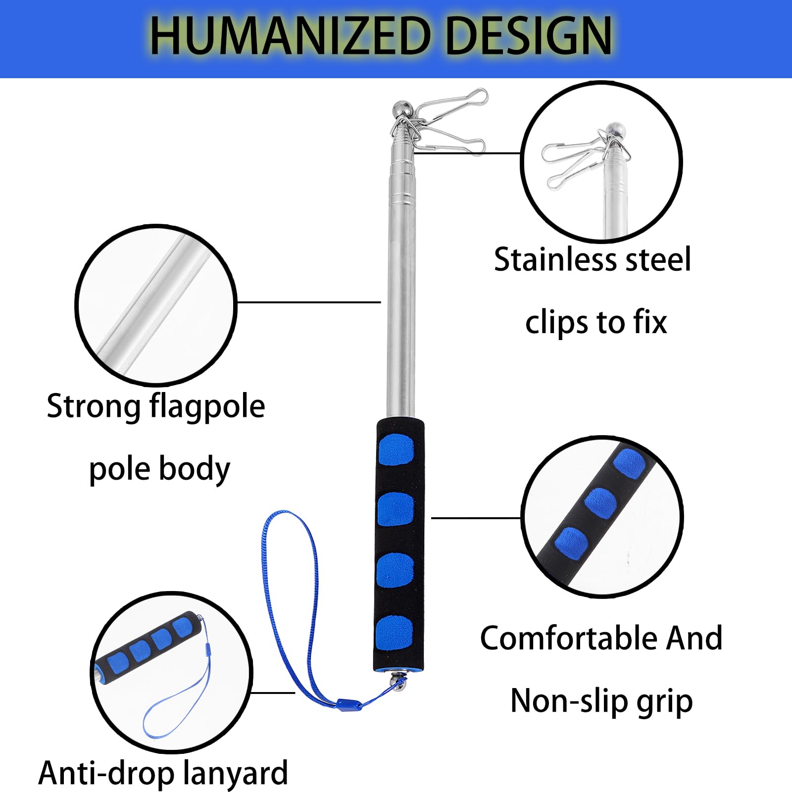 Aste Bandiera Telescopiche In Acciaio Inox - 2 Pezzi Estensibili Da 28cm A 200cm, Rosso E Blu - Foto 9