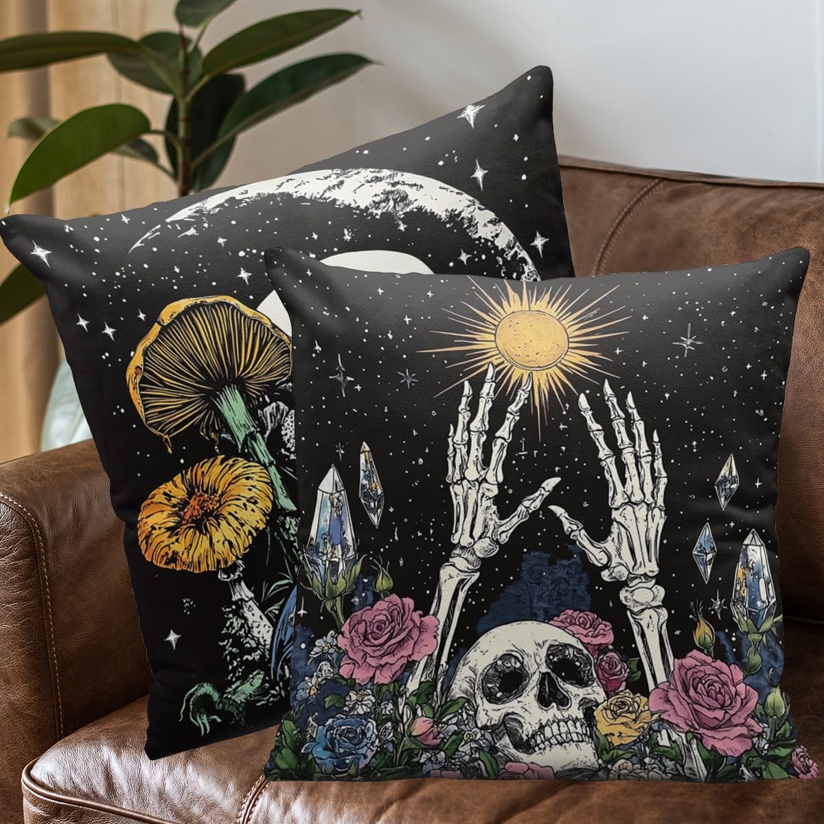 Skull Pillow Covers 18x18 Inch Set of 4, Skeleton Hand Rose Star Moon Sun Mushroom Cushion Case Outdoor Sofa Throw Pillows Cover Garden Pillow Covers for Couch Living Room Bed Indoors Home Decor image 4