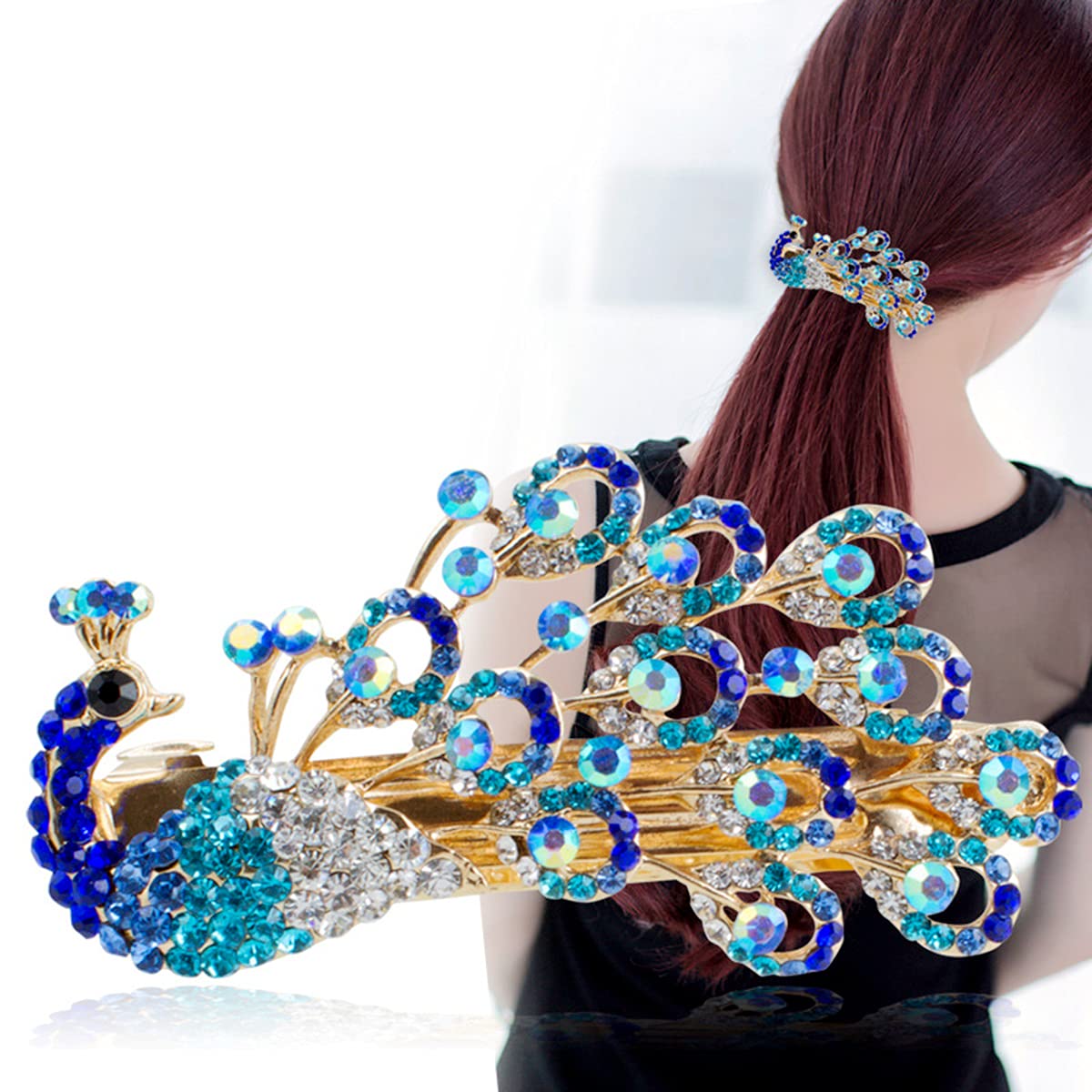 Yusier Peacock Rhinestone Hair Clip Decorative Hair Clips for Women Color Diamond Metal Hair Clip Women’s Prom Hair Accessories Spring Clip Peacock Animal Shape Side Hairpin (Blue)