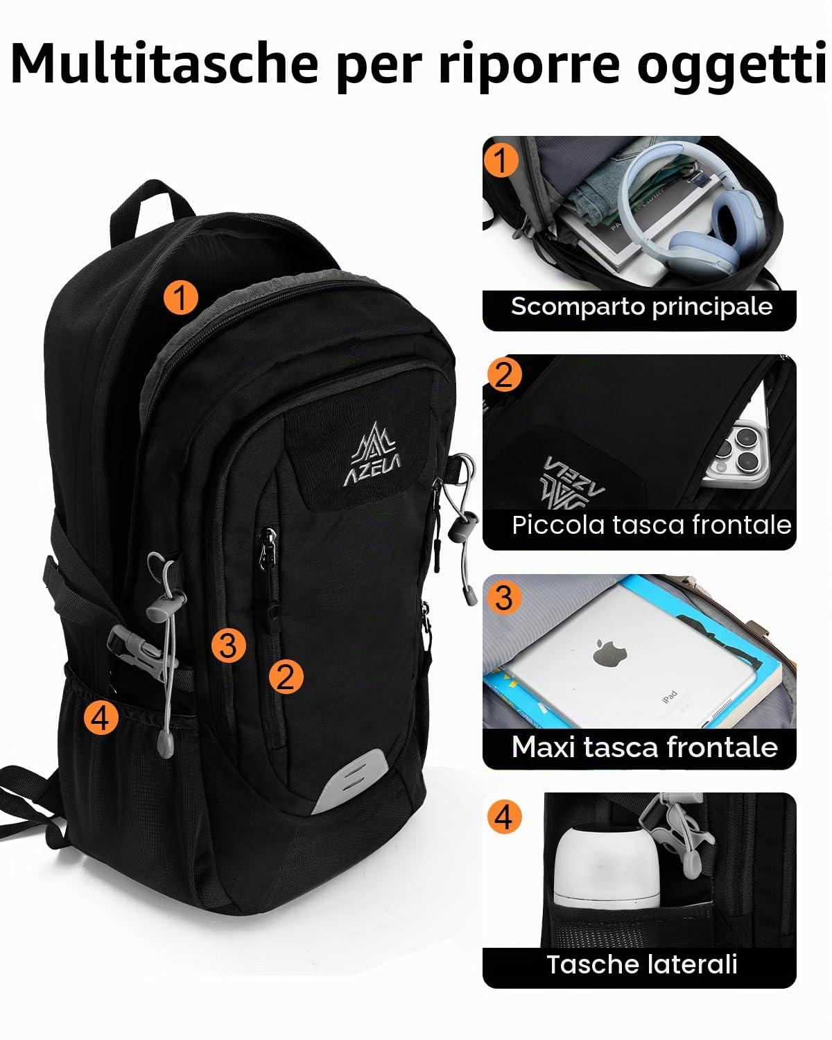 20L Zaino Escursionismo Uomo Donna, Zaino Trekking Piccolo per Montagnacon con Striscia Riflettente, Zaini Viaggio Multitasche per Sportivo Campeggio, Nero