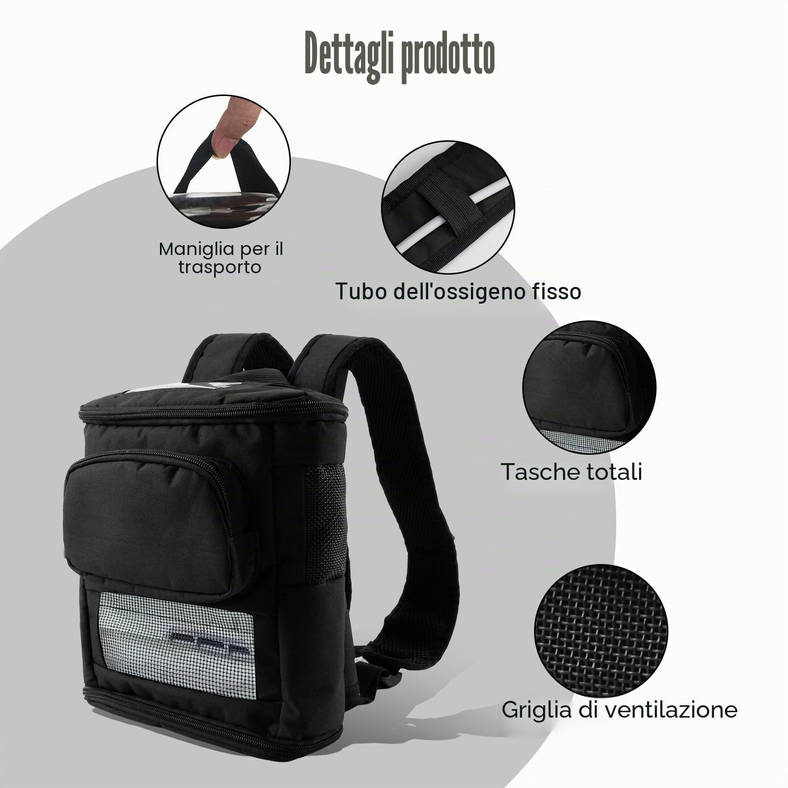 Zaini per dispositivi di ossigeno Inogen One G5 e Rove 6, zaino con cerniera sul fondo e coperchio trasparente, Nero, 8.38 x 18.29 x 23.37 cm
