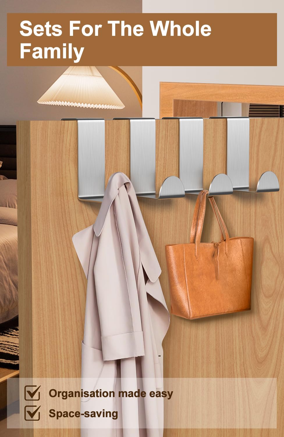 Gancio per Porta, 6 Pezzi Acciaio Inossidabile Ganci Appendiabiti, Porta Asciugamani Per Camera Da Letto, Bagno, Cucina, Argento