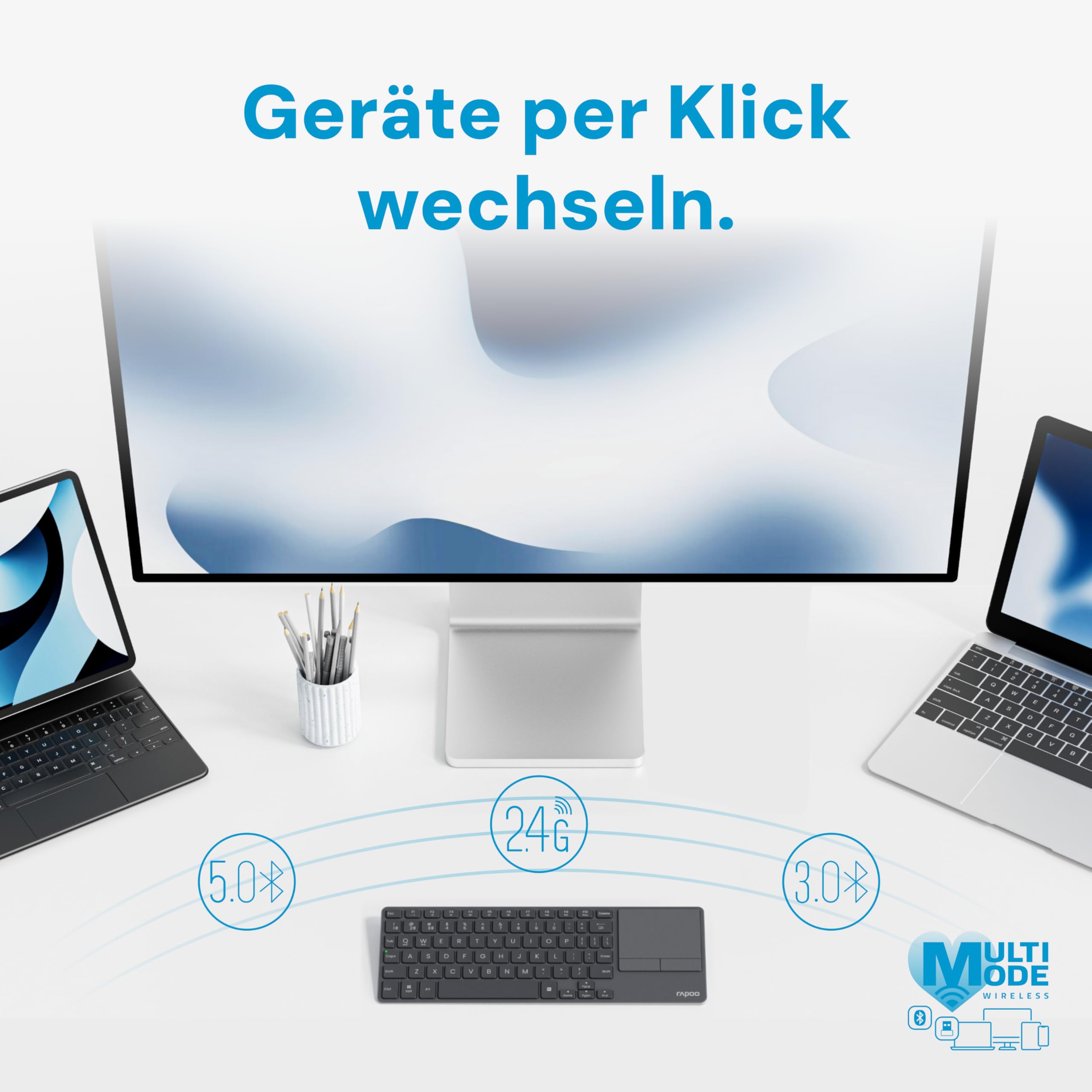 Rapoo E2810M Aluminium - Kabellose TV Tastatur mit Touchpad, Bluetooth & 2.4G USB Wireless, Multi Device bis 4 Geräte, PC, Mac, Tablet, SmartTV, mini Funktastatur klein flach, QWERTZ Layout Deutsch