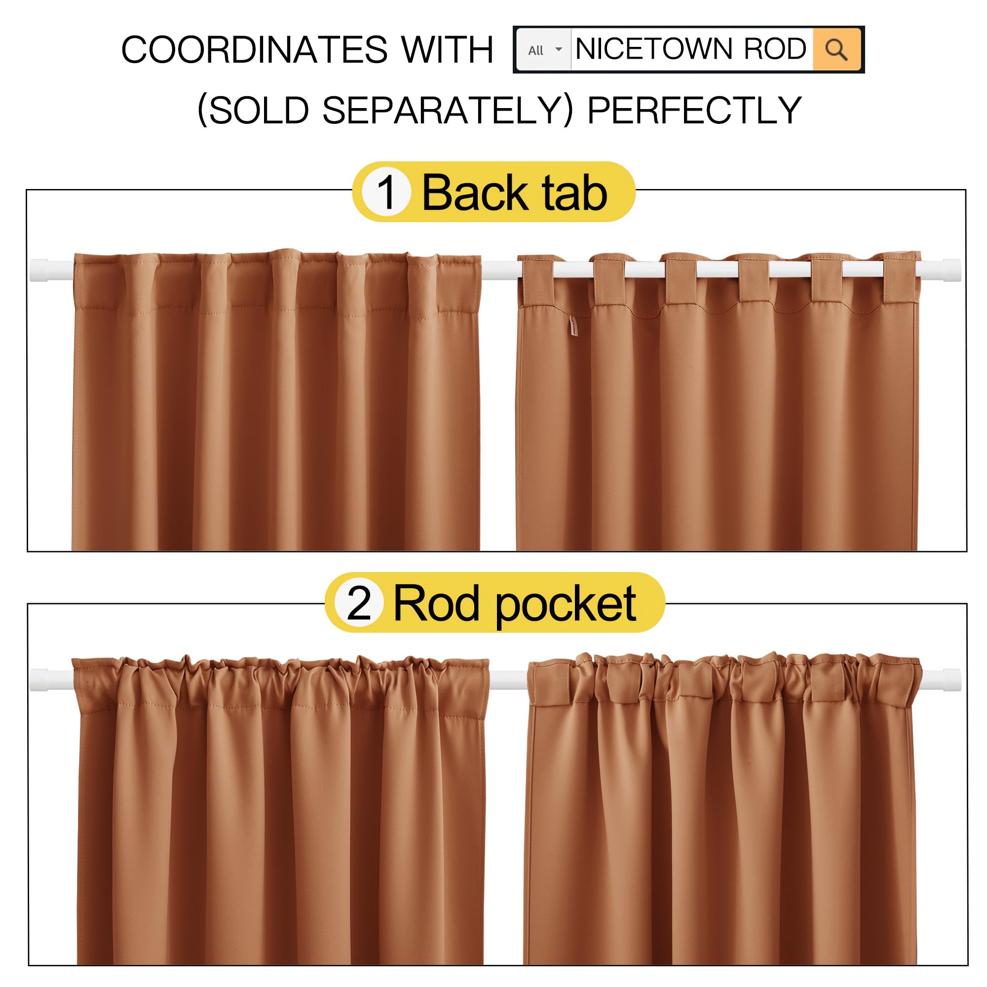 NICETOWN Blackout Curtains For Kitchen - Burnt Orange, 29x30 Inch, 2 Panels, Room Darkening Energy Saving Drapes - View #7