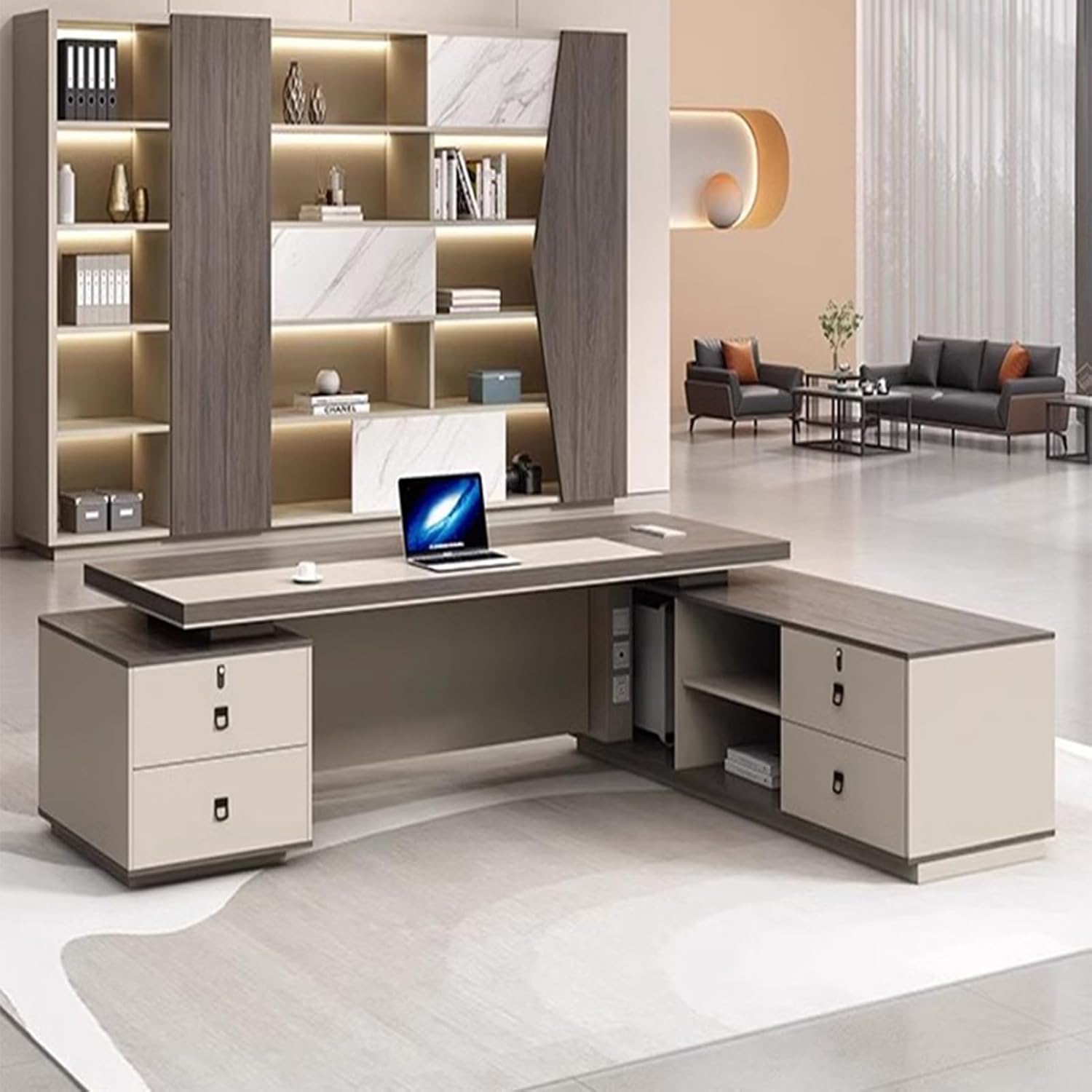 94" Wood Modern Computer Desk, Executive Office Desk with Storage Cabinet, Study Writing Table Business Furniture Set for Home Office