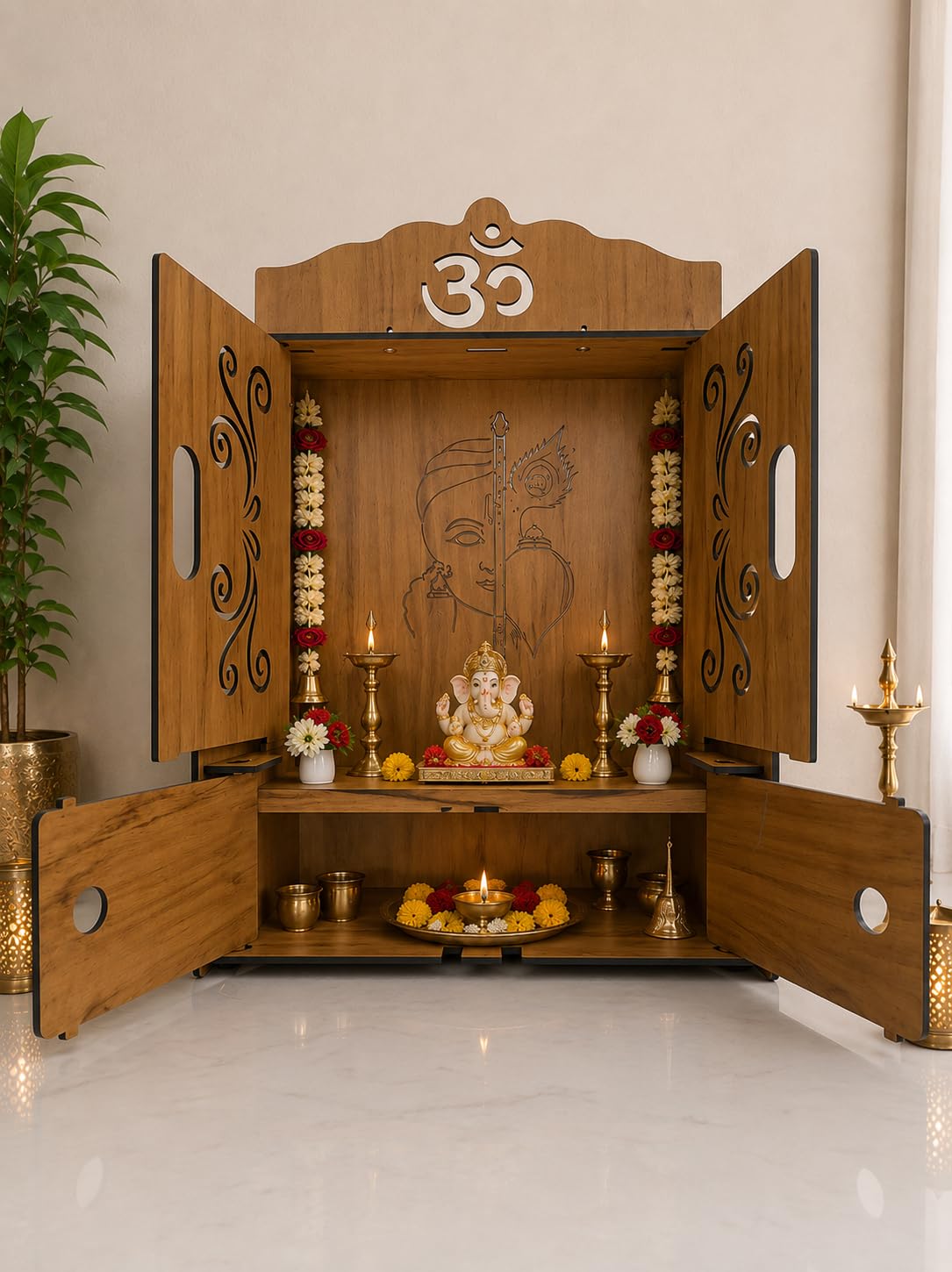 EXPRO Wooden Pooja Mandir for Home with Door | Engineered Wood Home Temple with Storage Space | Wall Mounted Temple for Office & Living Room | DIY Mandap with OM & Ganeshji Design (Brown | Design 2)-image-10