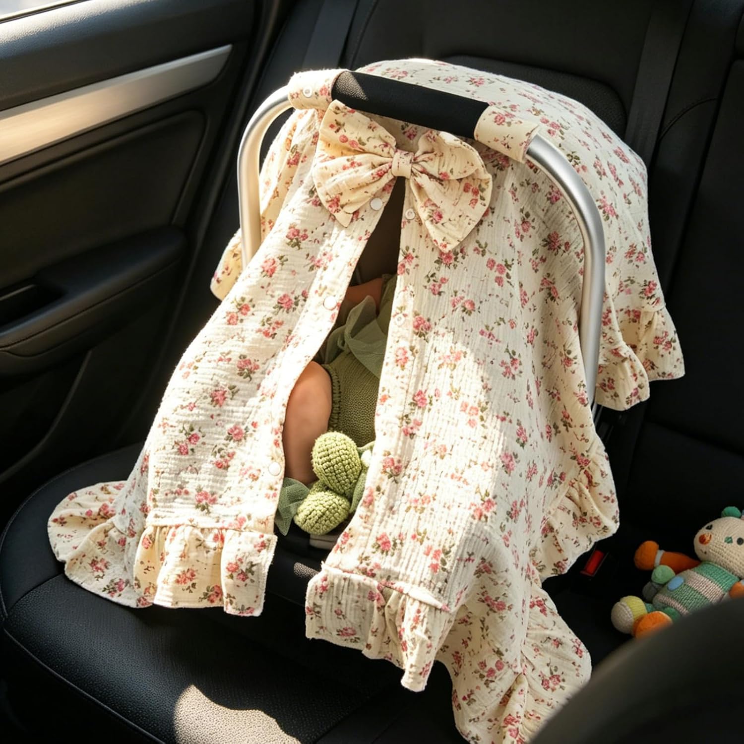 Muslin Baby Car Seat Cover, Handmade Infant Car Seat Cover with Cute Bow & Ruffle Hem Design, Multi-Use Carseat Canopy for Privacy Nursing, Summer Baby Carrier Cover Stroller Sun Protector