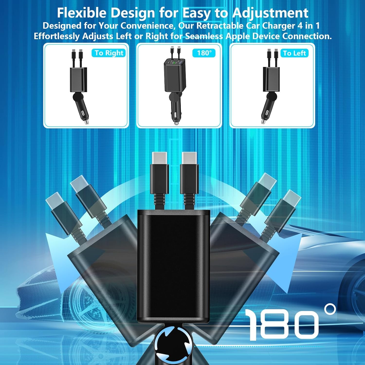 Caricatore da auto retrattile USB C, USB C caricabatteria da auto tipo C ricarica rapida adattatore accendisigari per iPhone 17/17 Pro Max/16 Pro/15/Galaxy S25/S24/Pixel