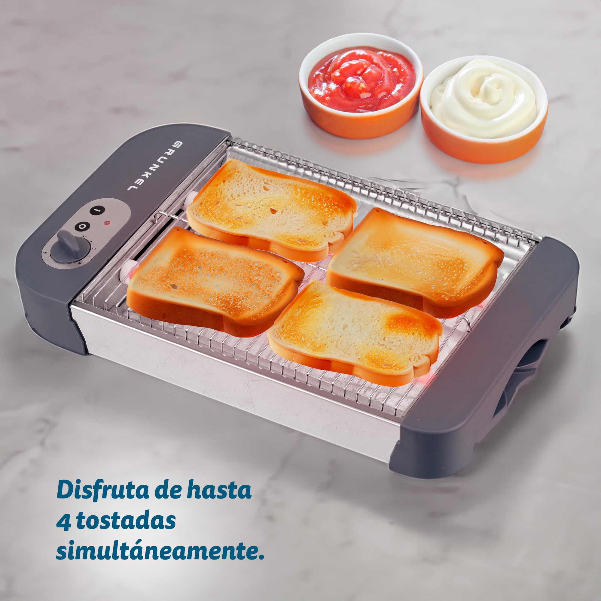Grunkel - Tostadora de pan plana para 4 rebanadas de 600w con 6 niveles de temporizador y señal acústica de finalización. Incluye bandeja recogemigas extraíble (Básico)