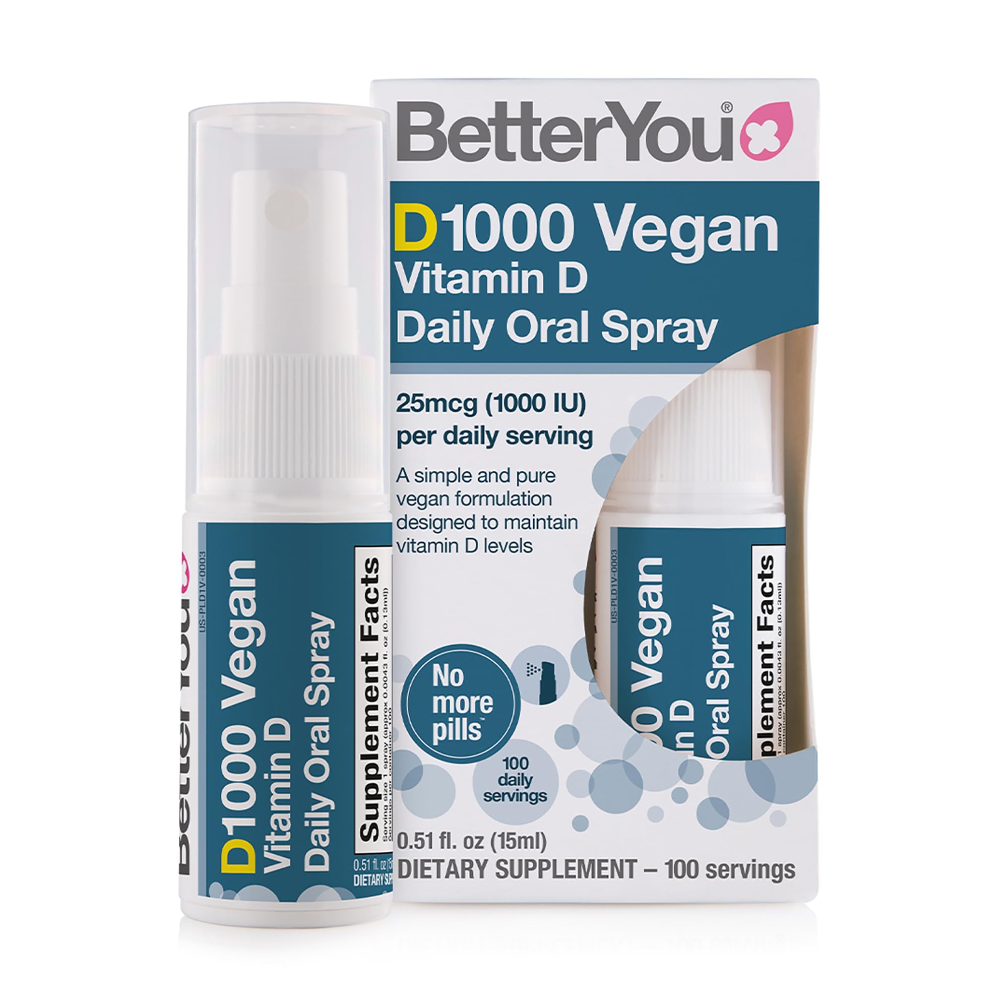 BetterYou D1000 Vegan Vitamin D Oral Spray - Convenient Alternative for Tablets - Plant-Origin - Promotes Strong Bones, Teeth and Immune System - Aid in Calcium Absorption - 100 Daily Doses - 0.5 oz