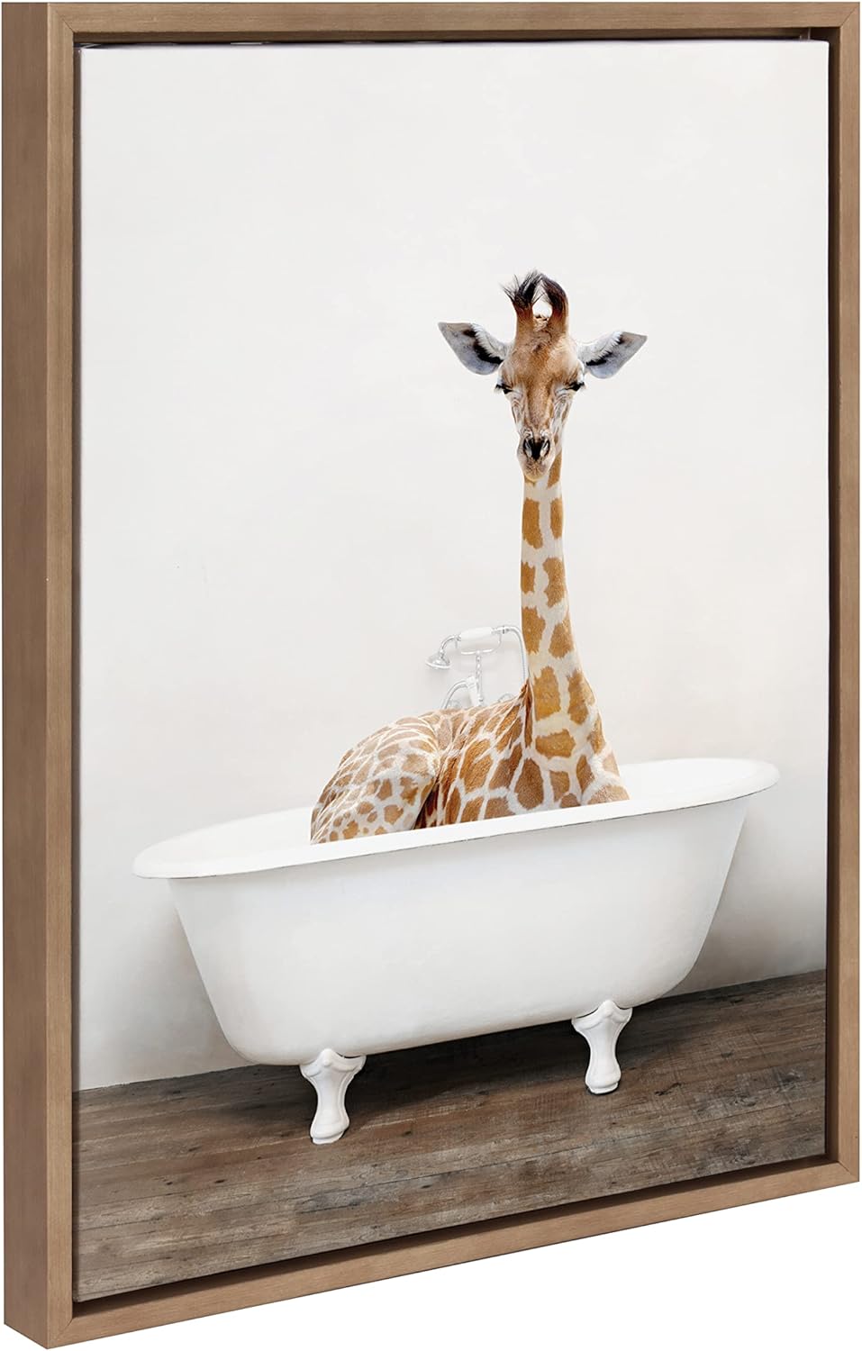 Kate and Laurel Sylvie Giraffe 2 in the Tub Color Framed Canvas Wall Art by Amy Peterson Art Studio; 18x24 Gold; Modern Fun Decorative Bathtub Wall Art for Home Décor