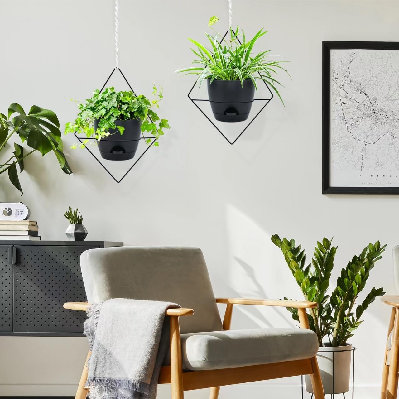 Koalaime Hanging Planters for Indoor Plants, 2 Set Self Watering Hanging Flower Pots, Modern Hanging Plant Baskets with Metal Plant Holder & 6.5 Inch Plastic Pots for Garden Home Decor (Black)