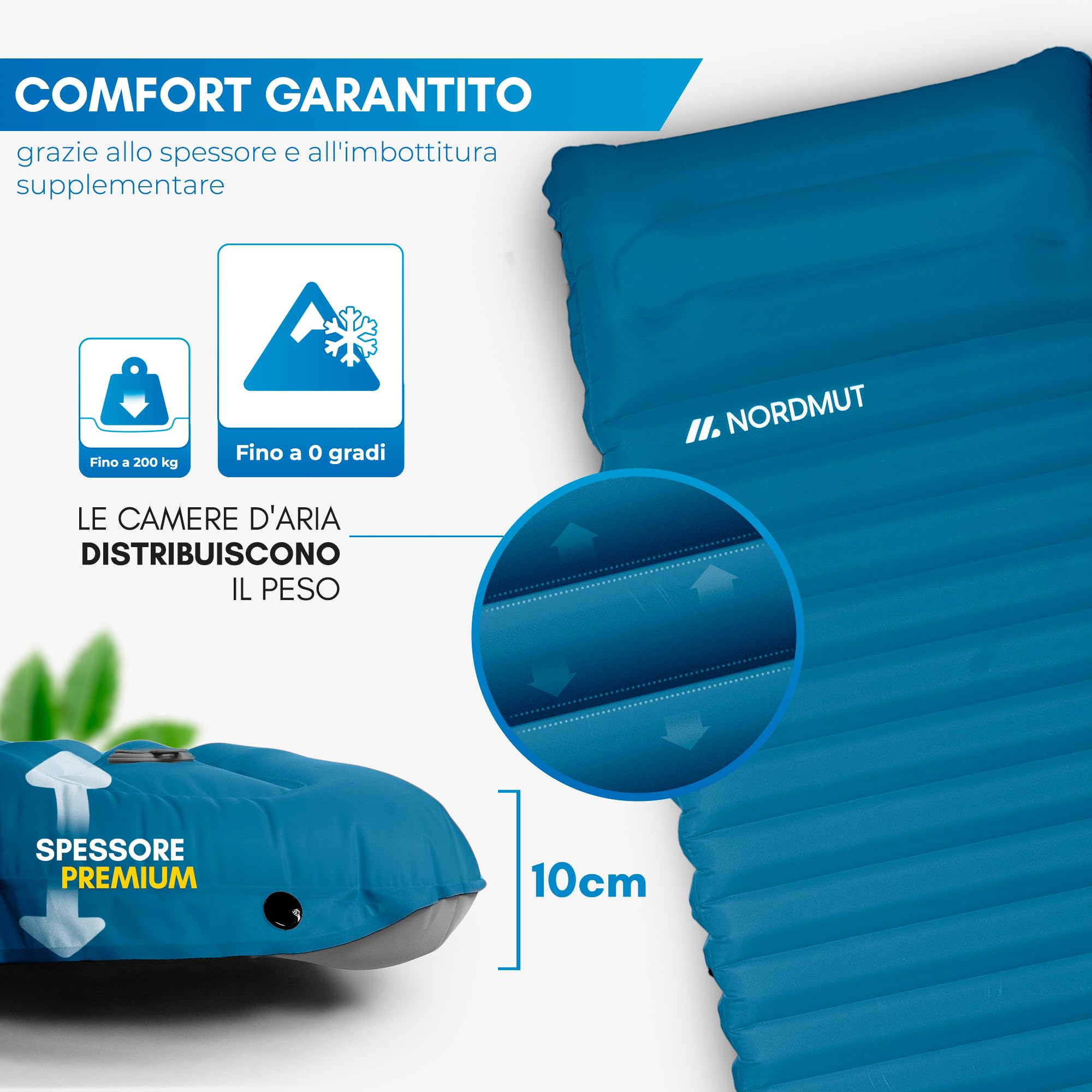 NORDMUT® Materassino da Campeggio Autogonfiante con Pompa a Pedale Integrata 10cm – Materassino Camping Compatto – Ultra Confortevole (Blu)