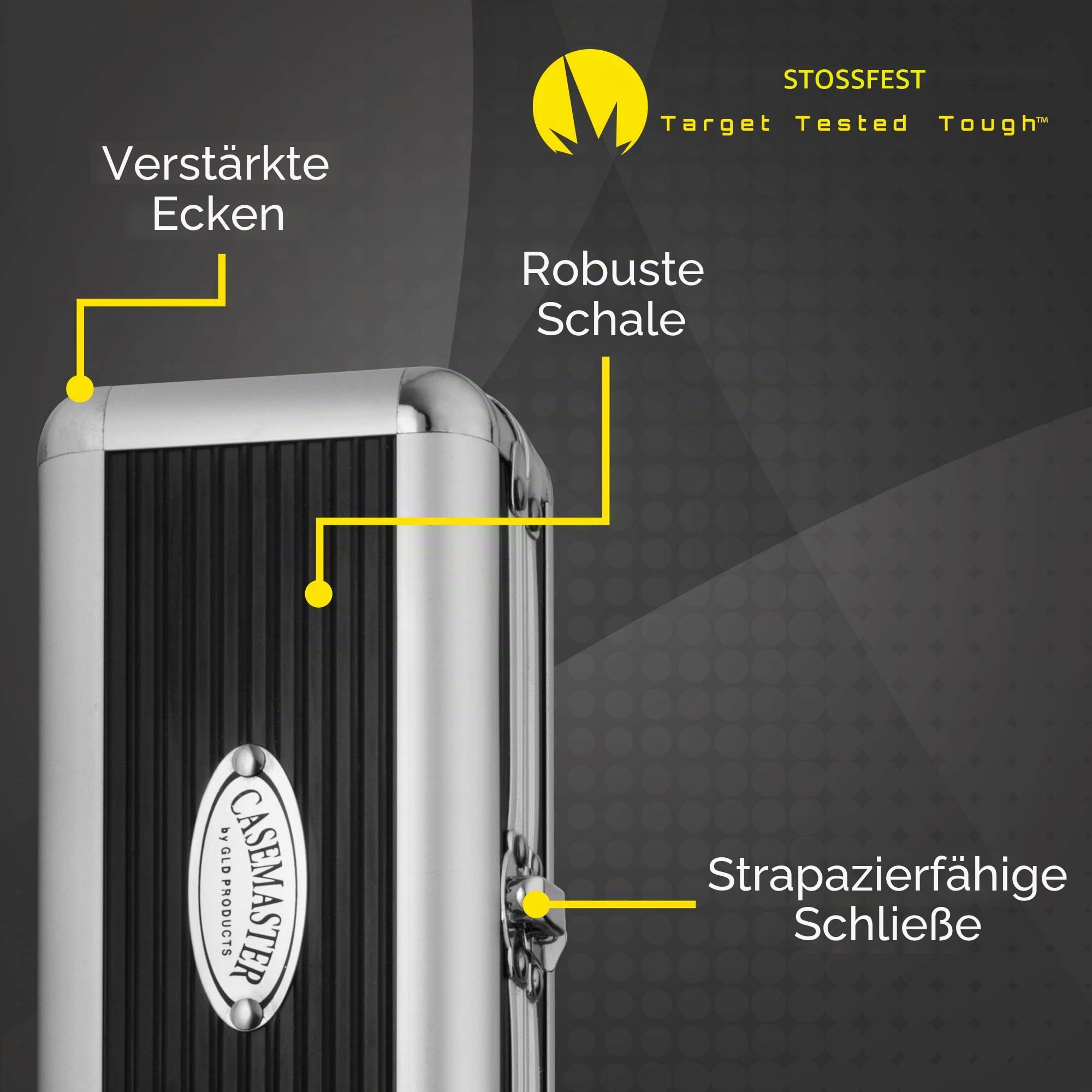 Casemaster by GLD Products Sole Aluminium-Darttasche mit schlankem Profil, für 3 Dartpfeile mit Stahlspitze und weicher Spitze, mit integrierten Taschen für weiteres Zubehör, Schwarz