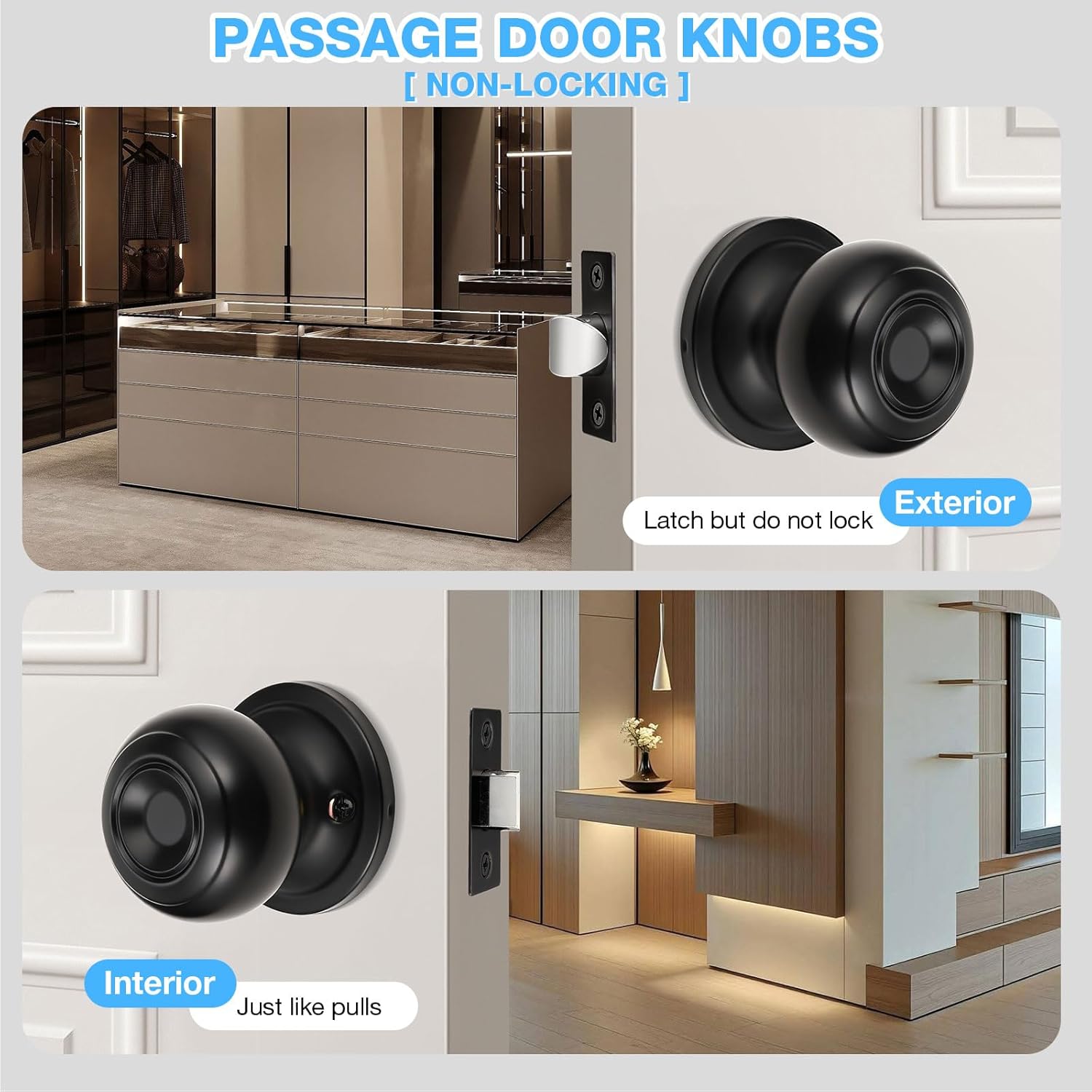 6 Pack Black Door Knobs Interior Passage Door Knobs Matte Black Closet Door Knob Interior Door Knob Passage Keyless Non-Locking Doorknob Flat Ball Doorknobs for Hallway Storeroom Pantry