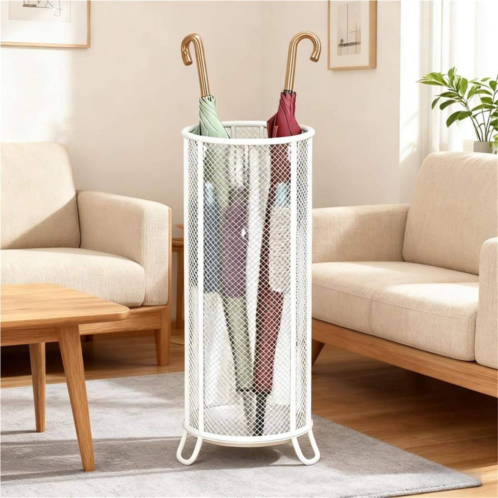 GHHVFEC Umbrella Stand, Freestanding Umbrella Holder with Drain Tray and Hooks, Modern Umbrella Rack for Entrance and Office