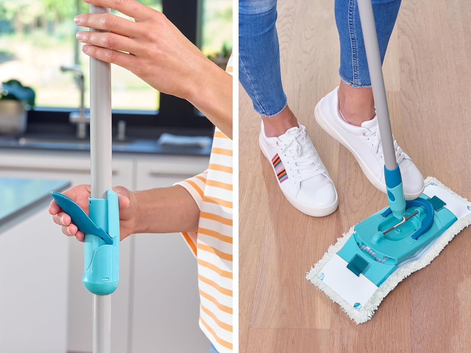 Leifheit Set Scopa Lavapavimenti CLEAN TWIST M Ergo, Strizzatura Rotante | Secchio 6 l con stop umidità, manico telescopico 110-140 cm, panno micro duo e duster static per pavimenti duri
