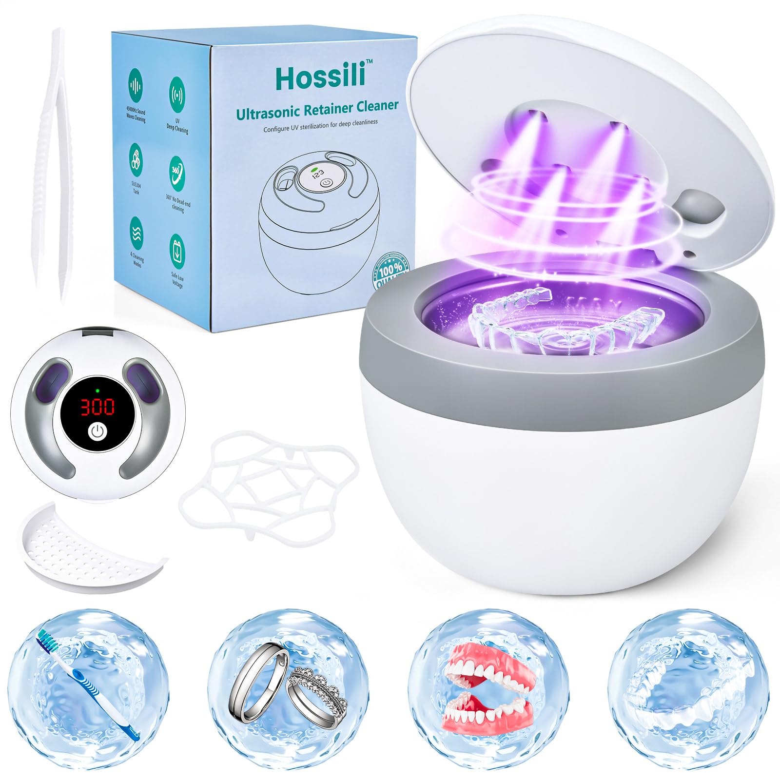 Máquina limpiadora de retenedores ultrasónicos, 45 kHz, 200 ml, cápsula de limpieza dental con 4 modos de lavado, temporizador digital para limpiador de dentaduras, alineadores, protectores