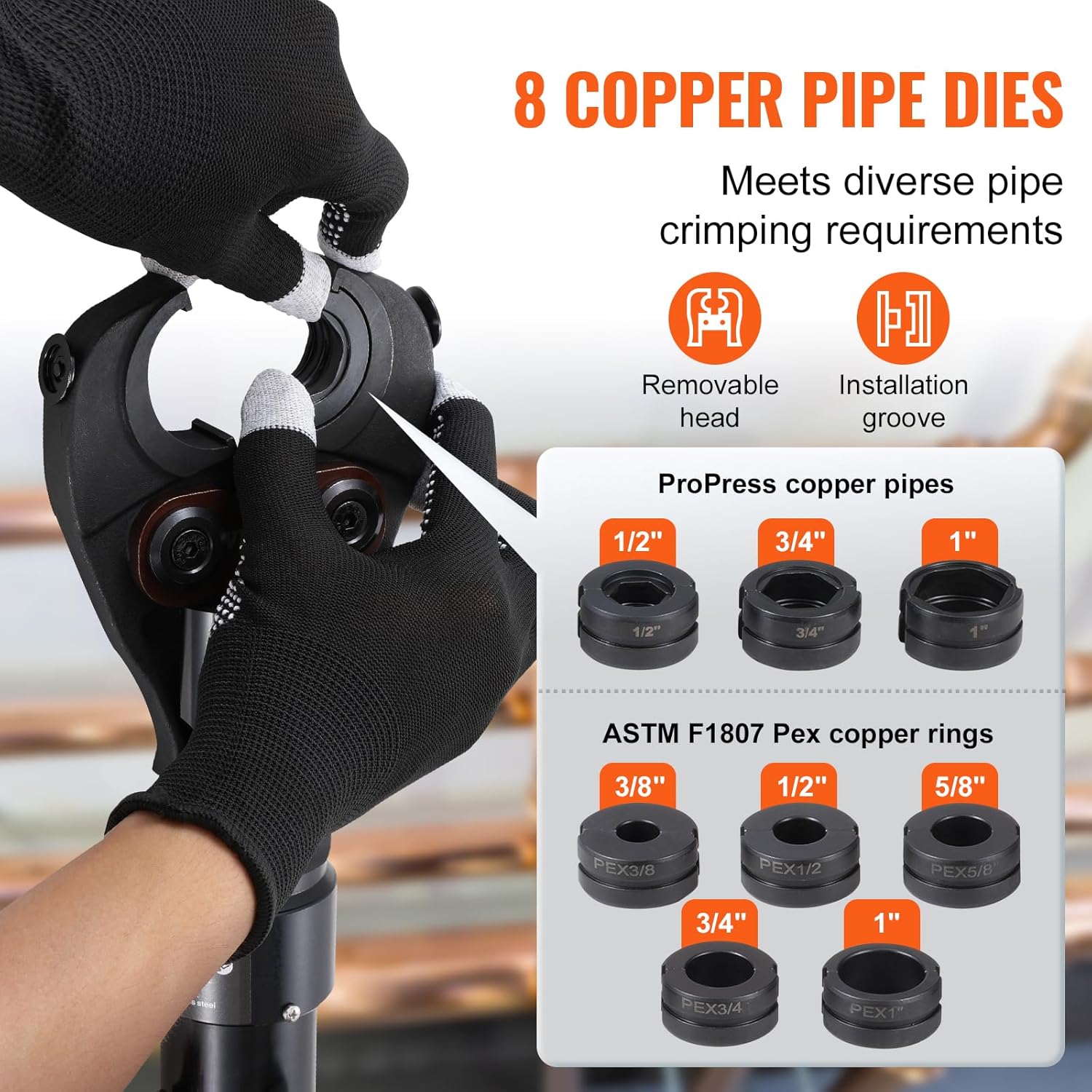 VEVOR Copper Pipe Crimping Tool, Hydraulic Driven Press Tool with 1/2", 3/4", 1" Jaws for Copper Pipe and 3/8", 1/2", 5/8", 3/4", 1" Jaws for ASTM F1807 Pex Pipe Copper Ring