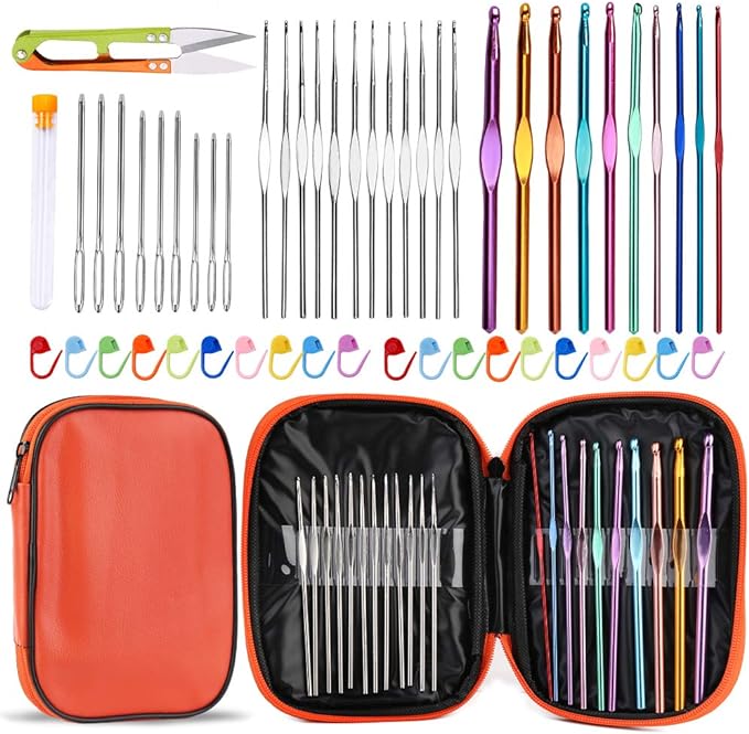 IMZAY 54 Pcs Crochet Needles Set, Crochet Hooks Kit with Storage Case, Ergonomic Knitting Needles Stitch Marker DIY Hand Knitting Craft Art Tools for Beginners
