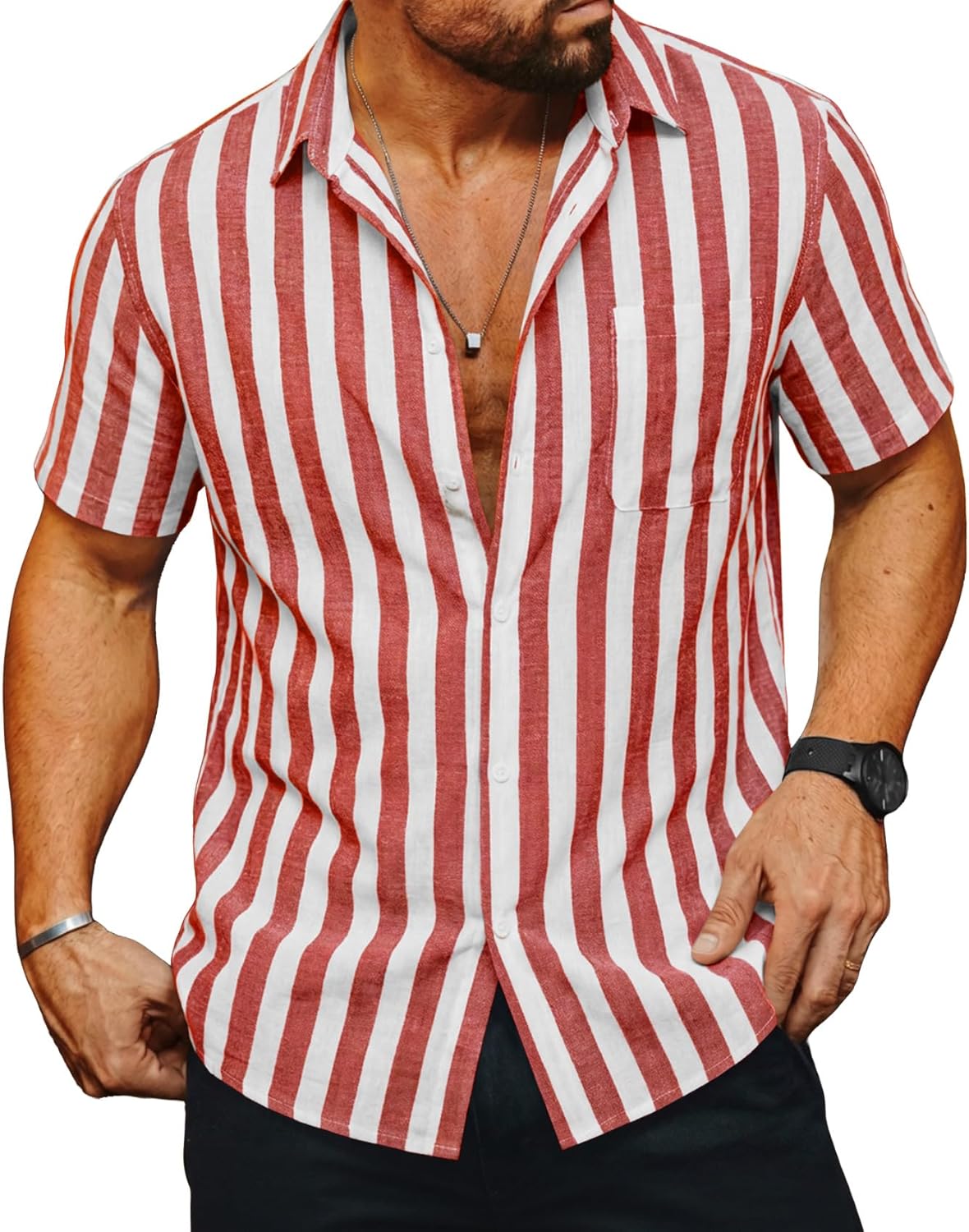 Runcati Mens Striped Button Down Shirts Casual Short Sleeve Linen Shirt Summer Beach Vacation Tops