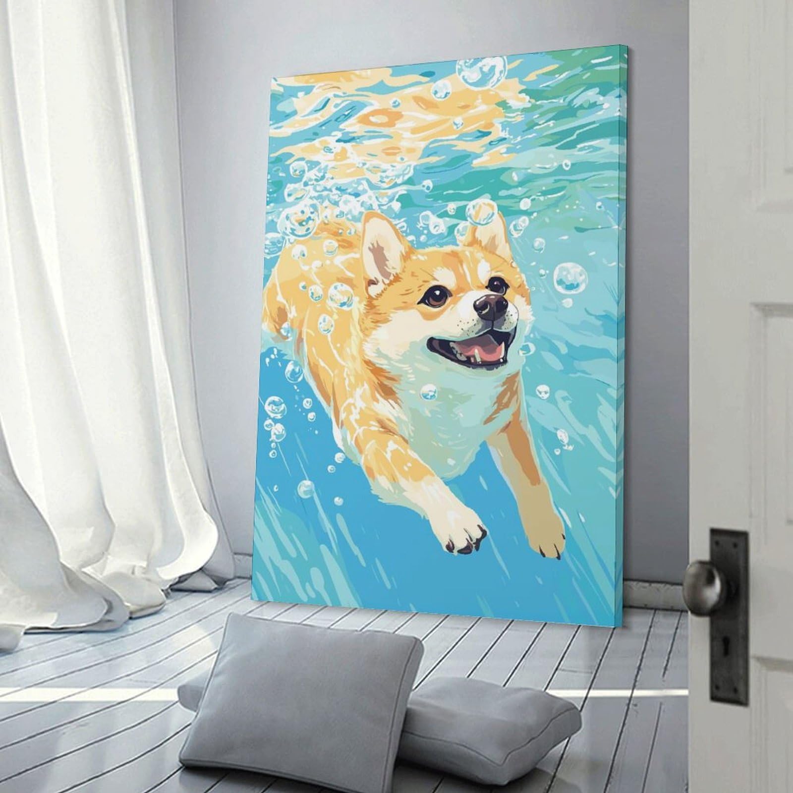Junmoney Frame-Style-14 Canvas Art Print Corgi Swimming Underwater With Bubbles, 08X12inch(20X30cm), For Office, Study Or Home Workspace, Wall Art That Adds Style To Work Areas