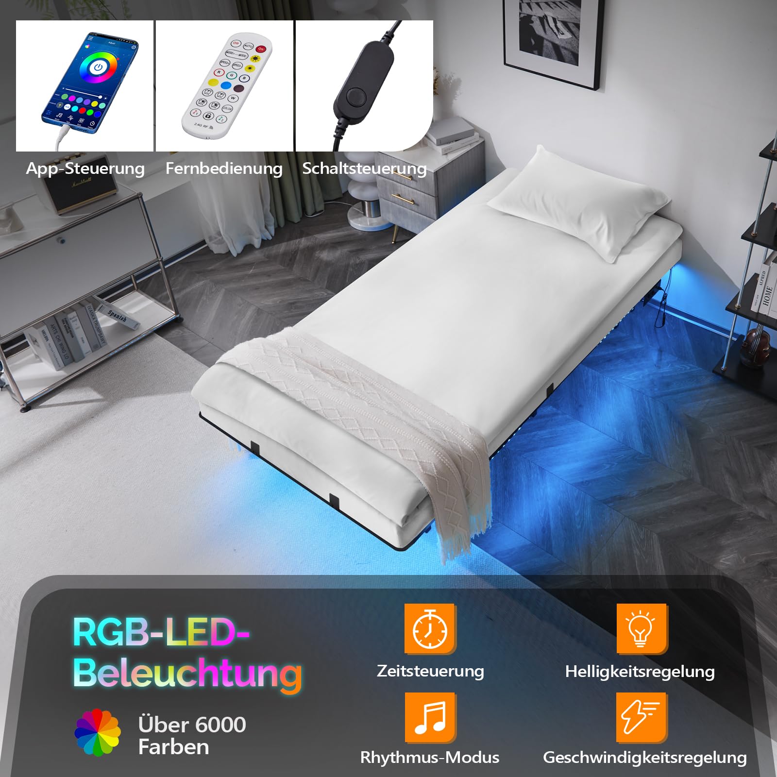 Bonnlo Bettgestell mit Lattenrost, Bett mit LED Beleuchtung, Metallbett Robust mit 1 AC-Steckdose und USB-C-Anschluss, Schwebenbett mit 36 cm Höhe schwarz (ohne matratze) (90 x 200 cm)