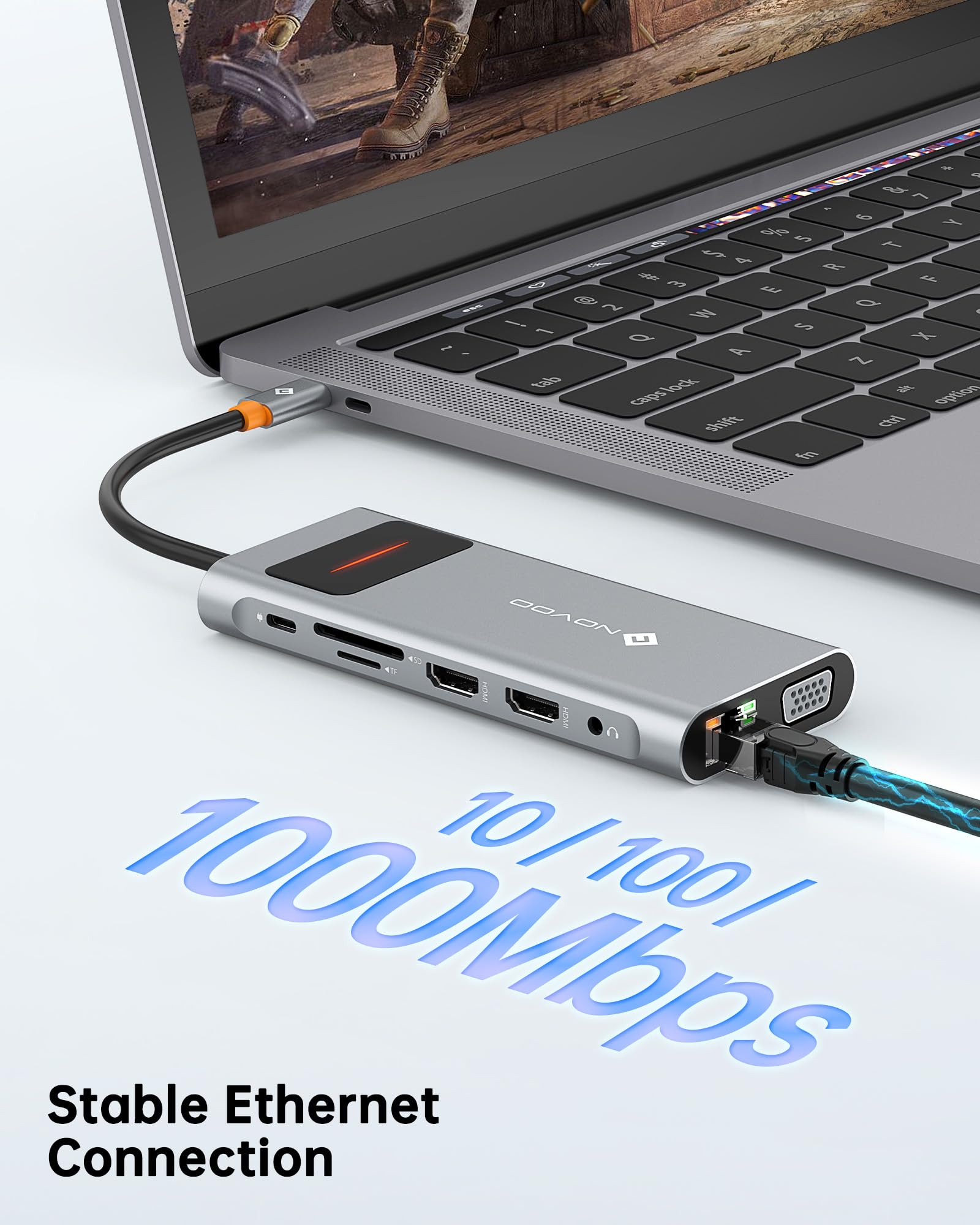Stacja dokująca USB C, potrójny wyświetlacz, NOVOO 12 w 1, USB C z 2 HDMI, VGA, Ethernet, czytnik SD/TF, 4 USB, Audio 3,5 mm, szybkie ładowanie PD 100 W do MacBook/Dell/Surface/HP