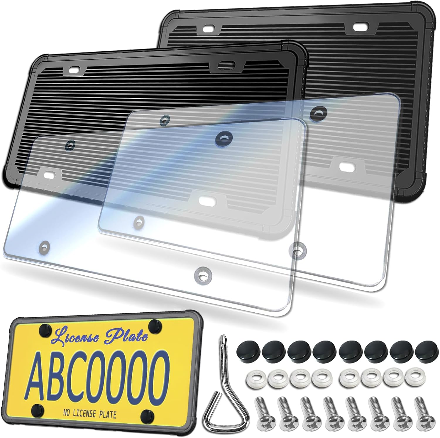 ZXFOOG License Plate Frames Covers- Clear Flat Car Tag Cover with Black Silicone Holder, 2 Sets Unbreakable Transparent Protectors for Front Rear, with Screws Caps