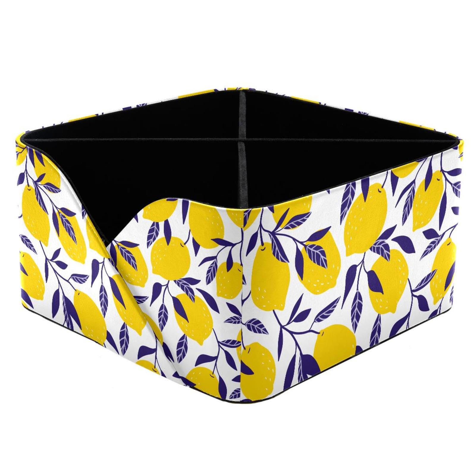 KengjuTesu Yellow Lemons Blue Leaves Pattern Desktop Organizer Pen Holder, Rectangular Pencil Cup for Office, Study and Makeup Stations