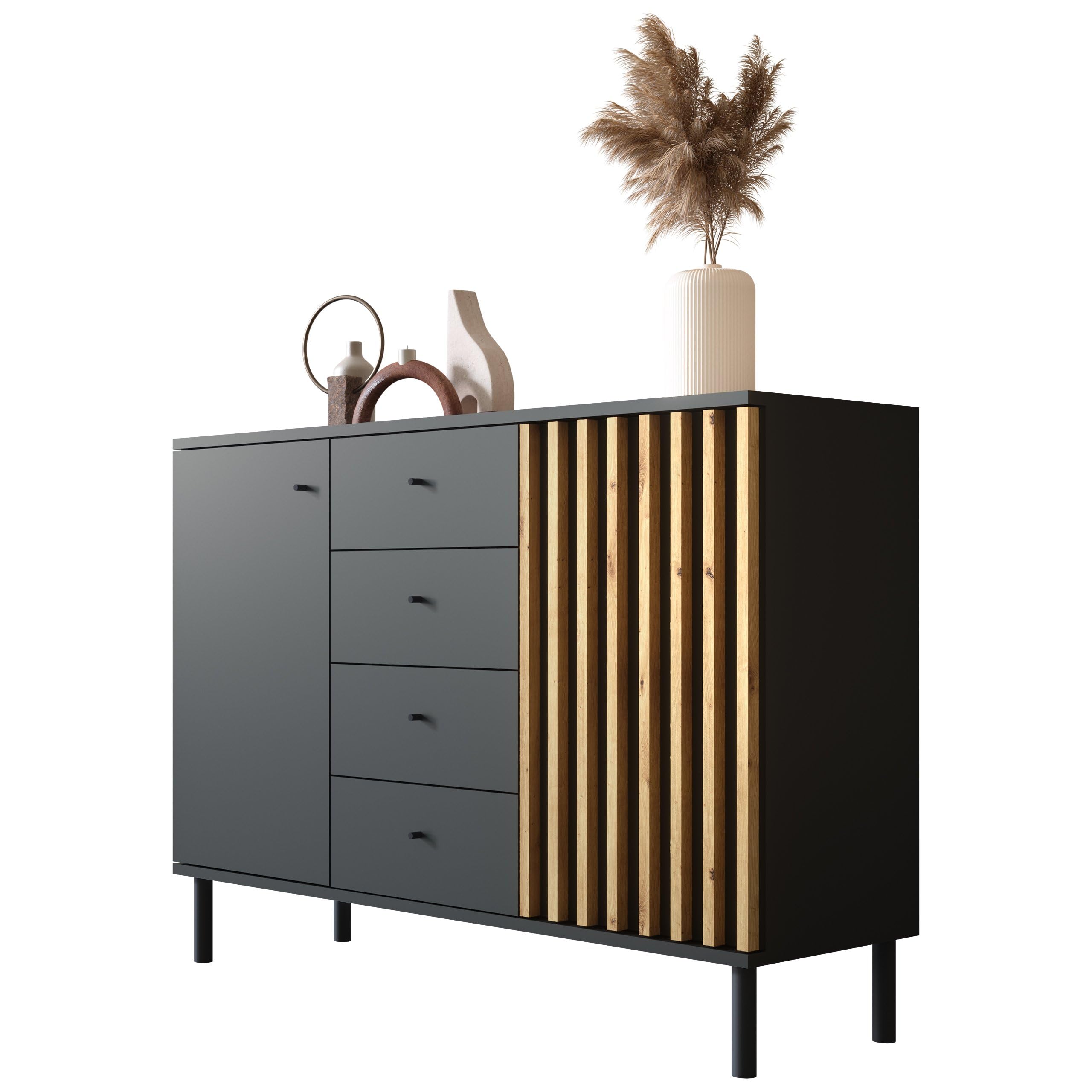 Newroom Kommode mit Schubladen Schwarz Wildeiche Sideboard Flur | Lamellenfront Vintage, 2 Türen und 4 Fächer, Anrichte Highboard modern, Metallbeine, Wohnzimmer Schlafzimmer