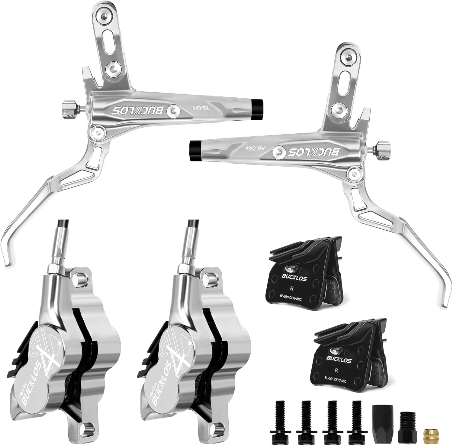 BUCKLOS MTB Hydraulic Disc Brake Set 4 Pistons Front 850mm and Rear 1550mm Hydraulic Brakes with Aluminum Alloy Lever with Caliper Ceramic Brake Pad Fit Mountain Bike,Ebike,Fat Bike HB-CP4 (Pre-Bled)