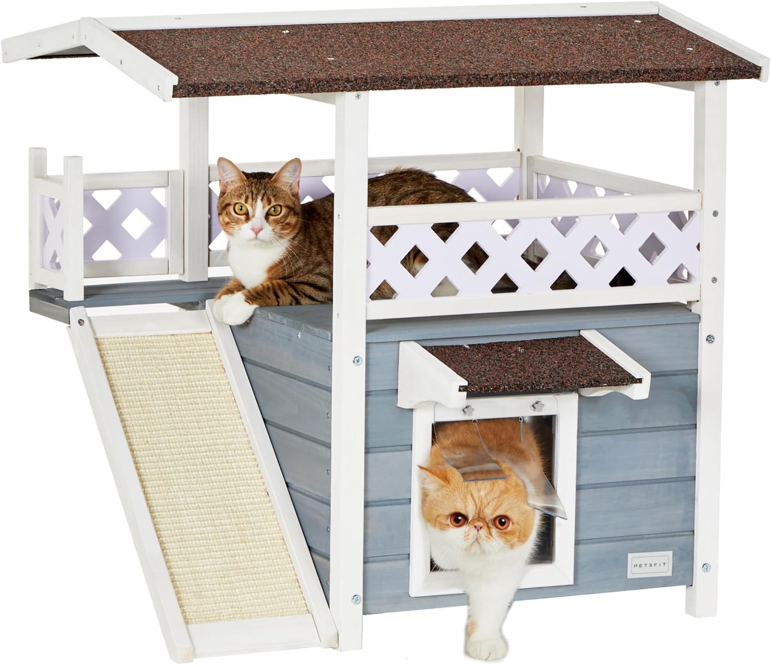 Petsfit Outdoor Cat House Weatherproof, 2 Story Cat Houses for Multiple Cats with Scratch for Outside Winter, Wooden Outside Warm Feral Cat Shelter with Escape Door (Gray)