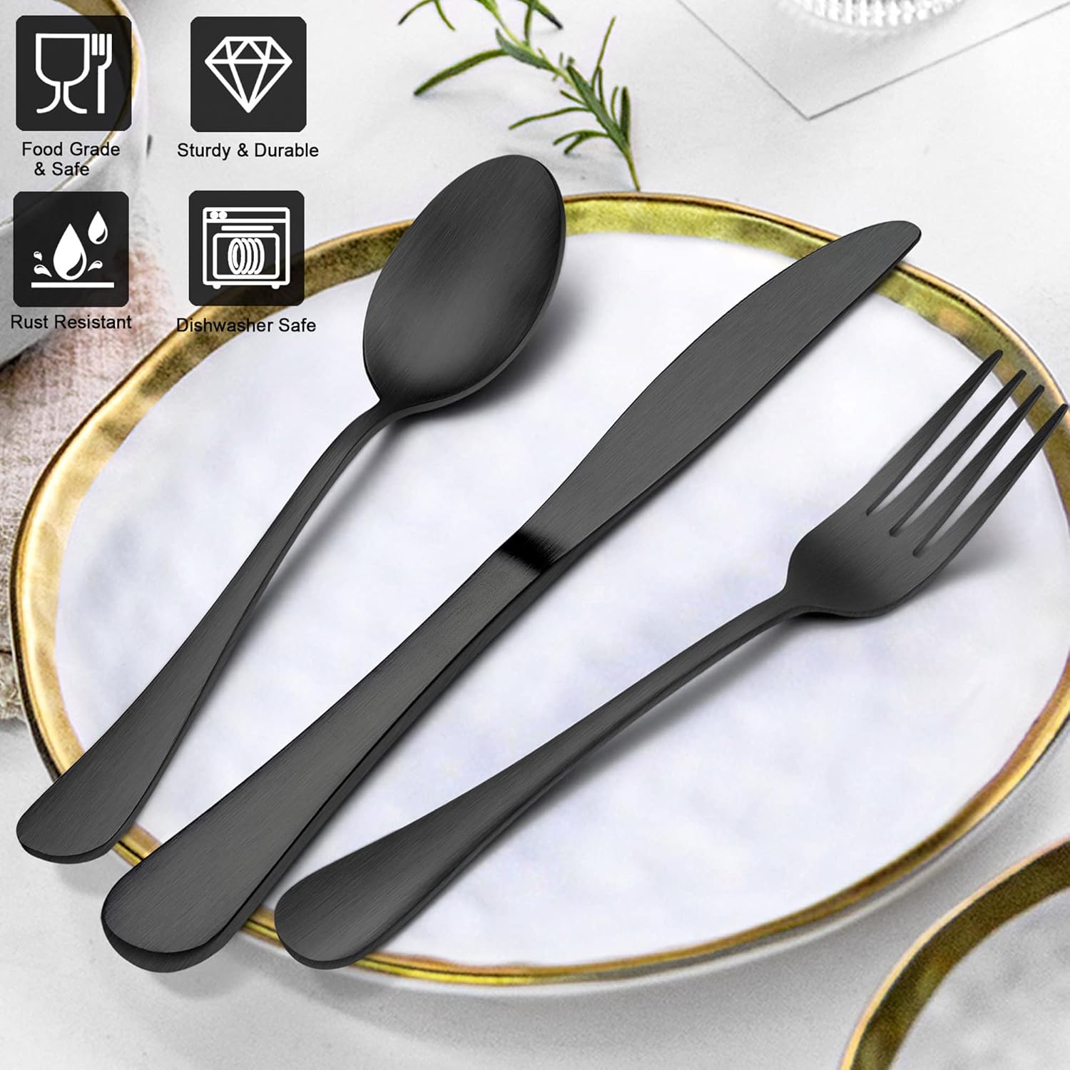 LIANYU 30 Piece Matte Black Silverware Set, Satin Finish Black Flatware Cutlery Set for 6, Stainless Steel Kitchen Utensil Tableware for Home Restaurant Party, Dishwasher Safe 30 Matte Black