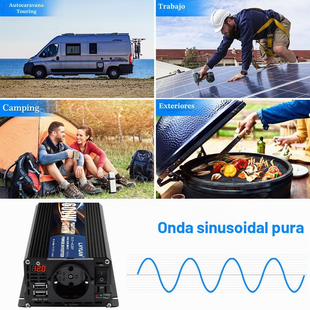 LVYUAN 600W/1200W inversor 12V a 230V convertidor de Voltaje Onda sinusoidal Pura inversor convertidor Adaptador de Cigarrillos para Coche con 2 Puertos USB y Enchufe EU | Convertidor de voltaje de cigarrillo automático adaptador con 2 puertos USB y enchu