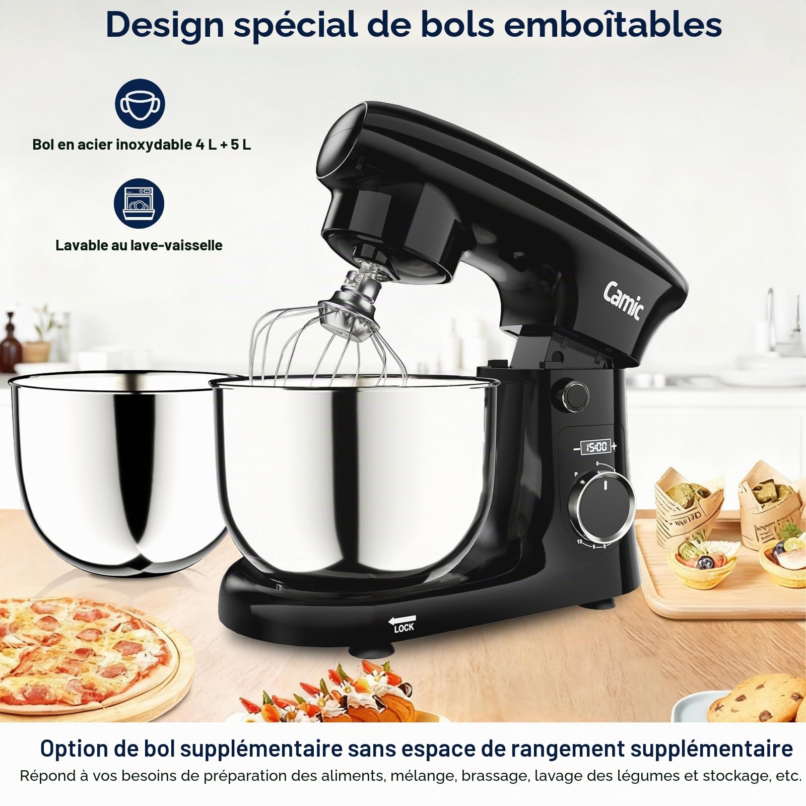 Camic Robot Pâtissier avec 3 Accessoires (Pétrissage, Mélange, Fouet), Robot Patissier avec écran LED, Minuterie, 10 Vitesses, 2 Bols en Acier Inoxydable (4 L + 5 L), pour Pâte, Pain, Pizza, Pâteaux