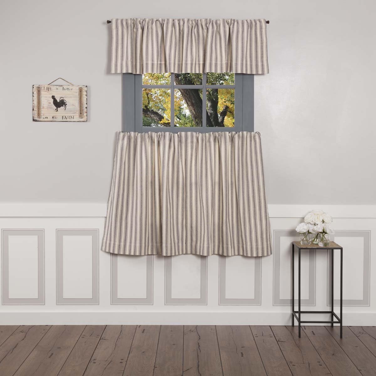 Piper Classics Market Place Gray Ticking Stripe Valance Curtain, 16" L x 72" W, Farmhouse Style, Grey & Cream
