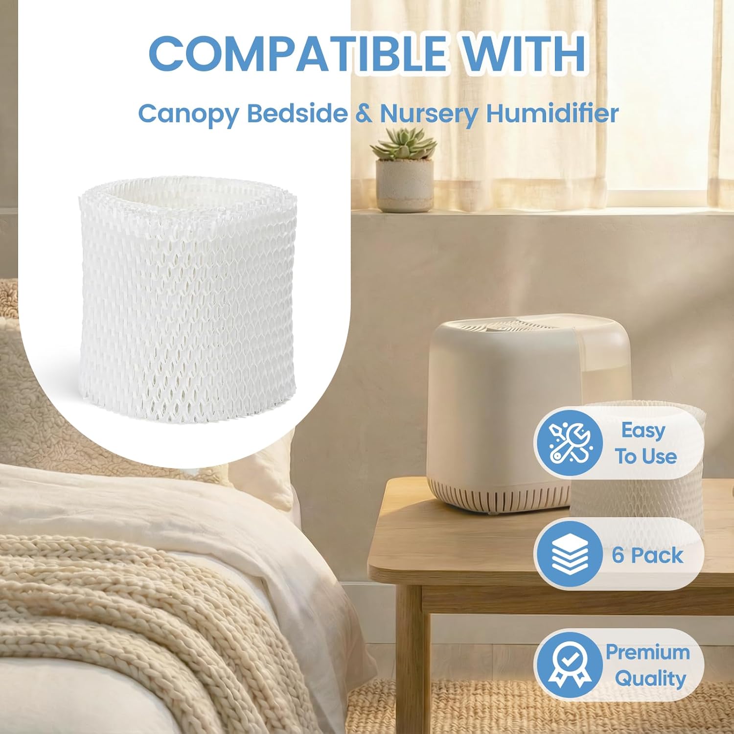 Humidifier Filter Replacement Compatible with Canopy Bedside and Nursery Humidifier, Made with Wood Pulp, Paper Filter, 6-Pack