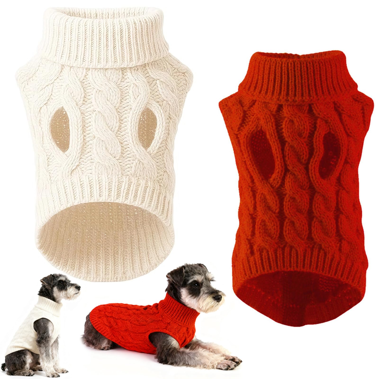 2 Pcs Dog Jumper, Turtleneck Knit Warm Winter White Red Sweater