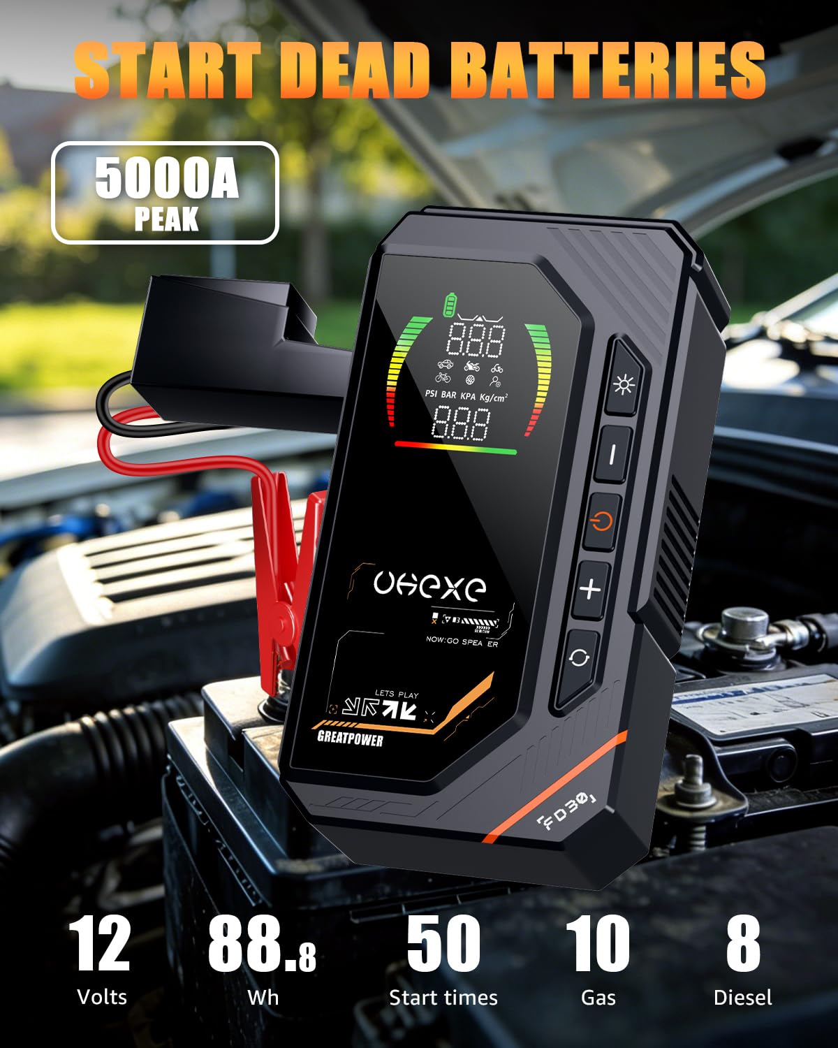 5000A Avviatore di emergenza con compressore d'aria da 160 PSI, gonfiatore portatile da 88,8 Wh, display LED per 10,0 L di benzina e 9,0 L di gasolio (Nero)