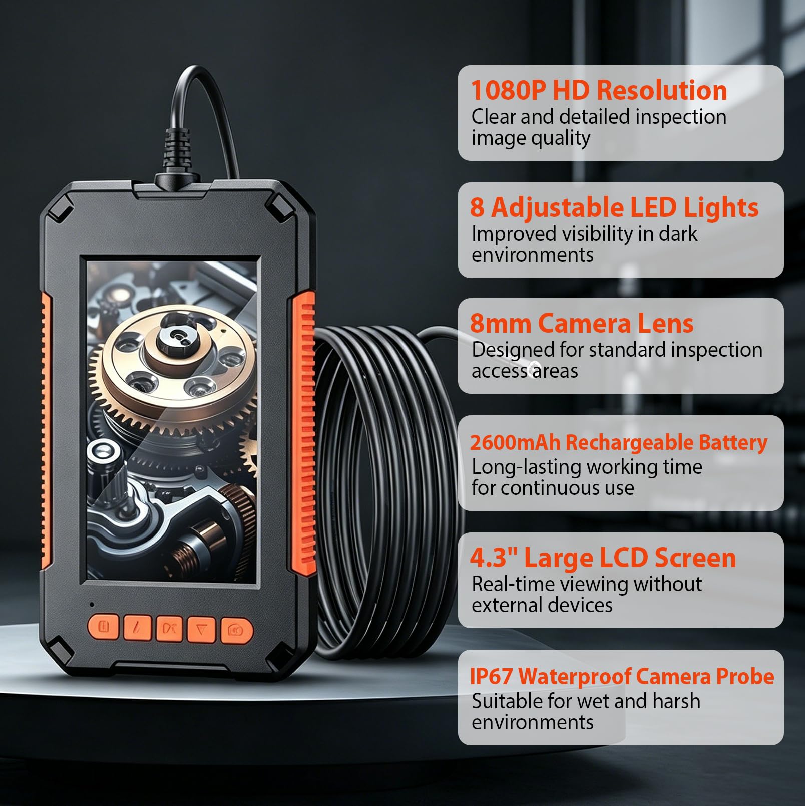 Endoscope Industriel avec câble Rigide de 5 m, caméra d'inspection de 8 mm