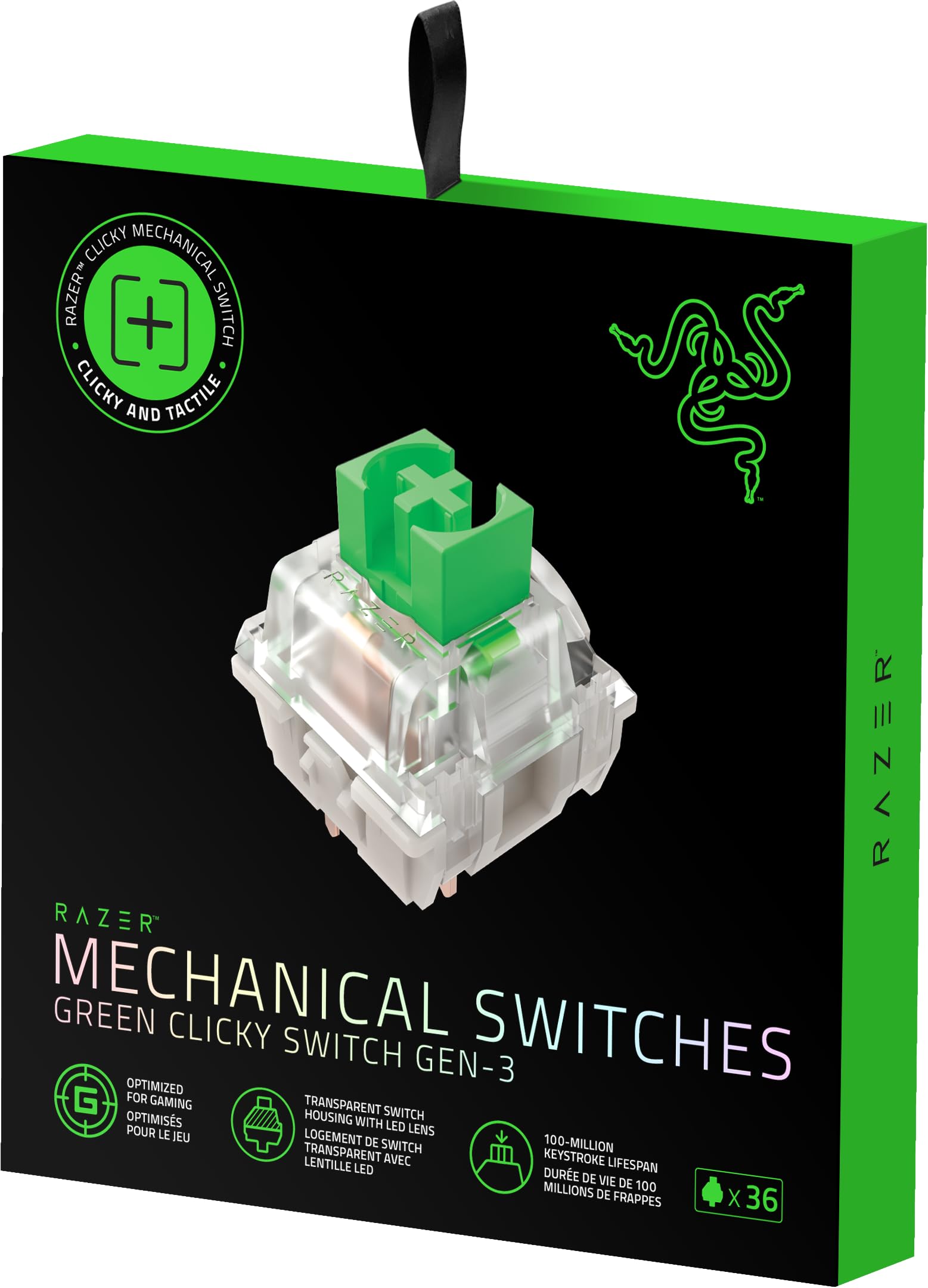Razer Pack de Switches Mécaniques - Switches Verts Clicky (3e Gén, Logement de switch transparent avec lentille LED, Jusqu'à 100 millions de frappes, Connecteurs à 3 broches polyvalents)
