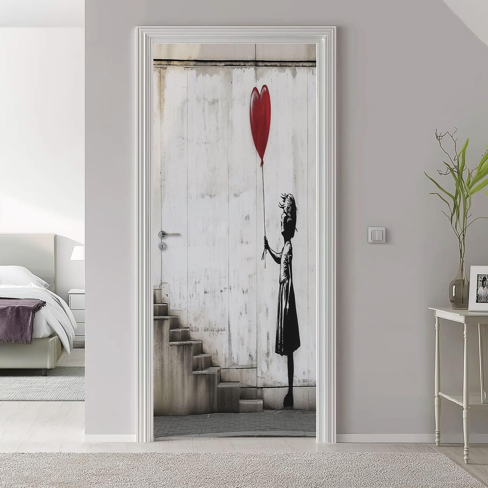 Carta Parati Porta Rimovibile PVC Autoadesivo 80 x 210 cm Adesivi Per Porte Interne Banksy Strada Graffiti Soggiorno Cucina Camerette Bagno Autoadesivo Porta Murale Decorazione, Bianco Grigio