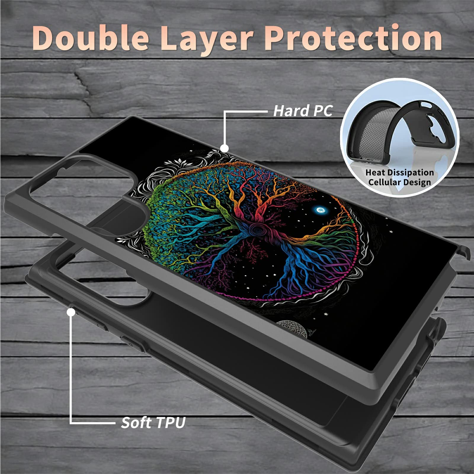 BWEGRHE for Samsung Galaxy S22 Ultra 5G Case + Cable Protector, Men Womens Phone Case for Galaxy S22 Ultra with Art Color Tree Design Dual Layer Hard PC Soft Silicone Bumper Shockproof Cover