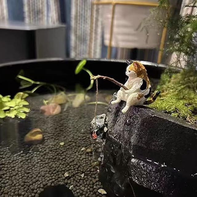 Foto 4 de 8 de LKIRYUF Adornos de gato de pesca, decoración de acuario, paisajismo, estatua de gato de dibujos animados