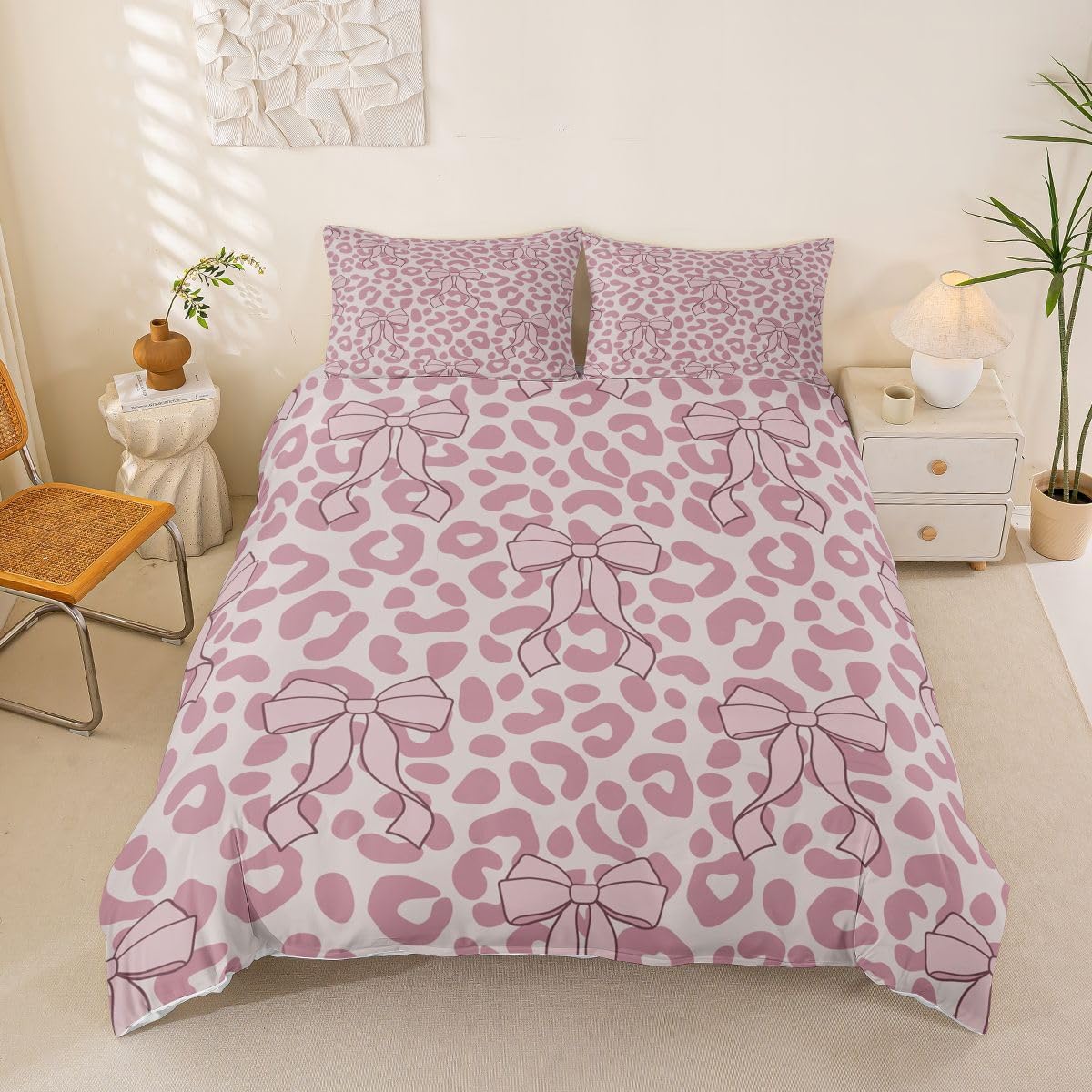 jejeloiu Leopard Print Duvet Cover Toddler Size Coquette Bow Comforter Cover for Boys Girls Pink Stripe Glitter Pattern Bedding Set 2Pcs Fashion Leopard Room Decor